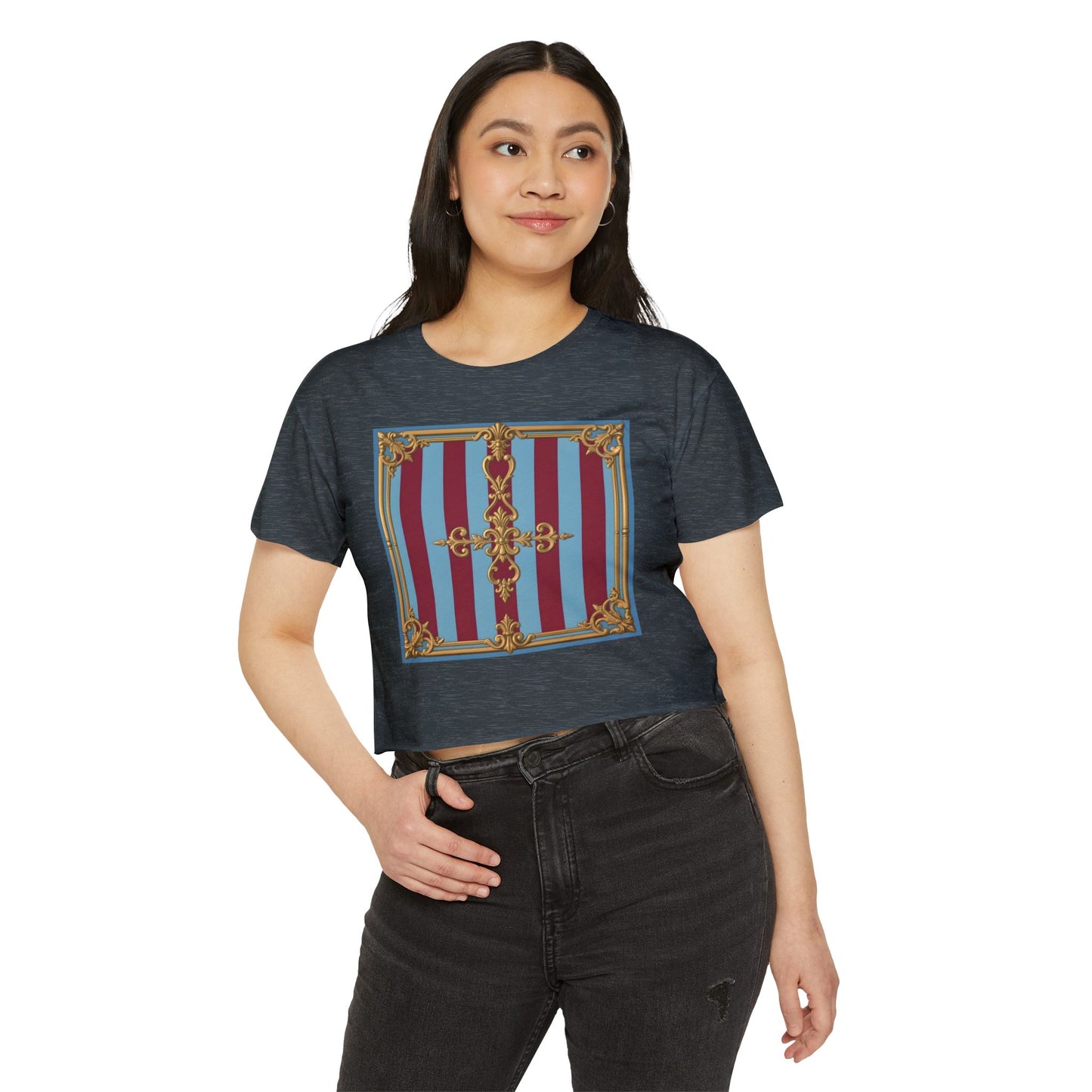 Women's Baroque Festival Crop Top, Summer Crop Tee, Casual Festival Wear, Concert Top, Eco-Friendly Fashion - Sky Blue & Maroon Striped Baroque