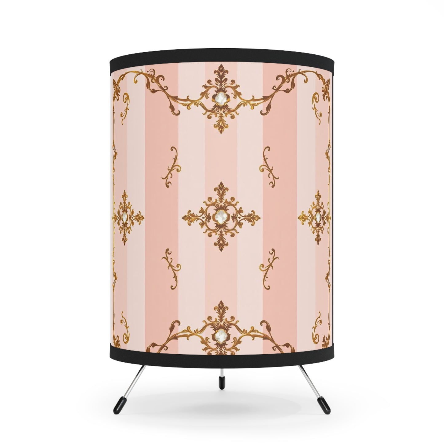 Elegant Tripod Lamp with Vintage Floral Design Shade - Pink Jeweled Striped Gold Baroque