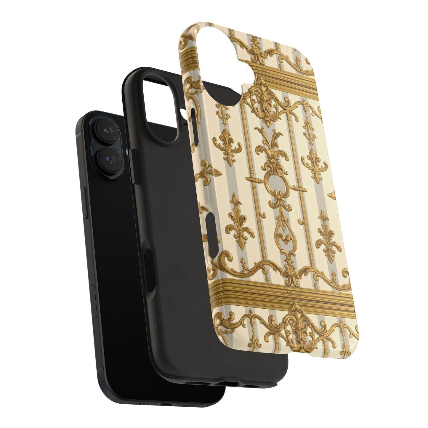 Elegant Gold Pattern Tough Phone Cases | Stylish Phone Covers, Trendy Cell Phone Accessories - Matte Gray & Cream Striped Gold Baroque