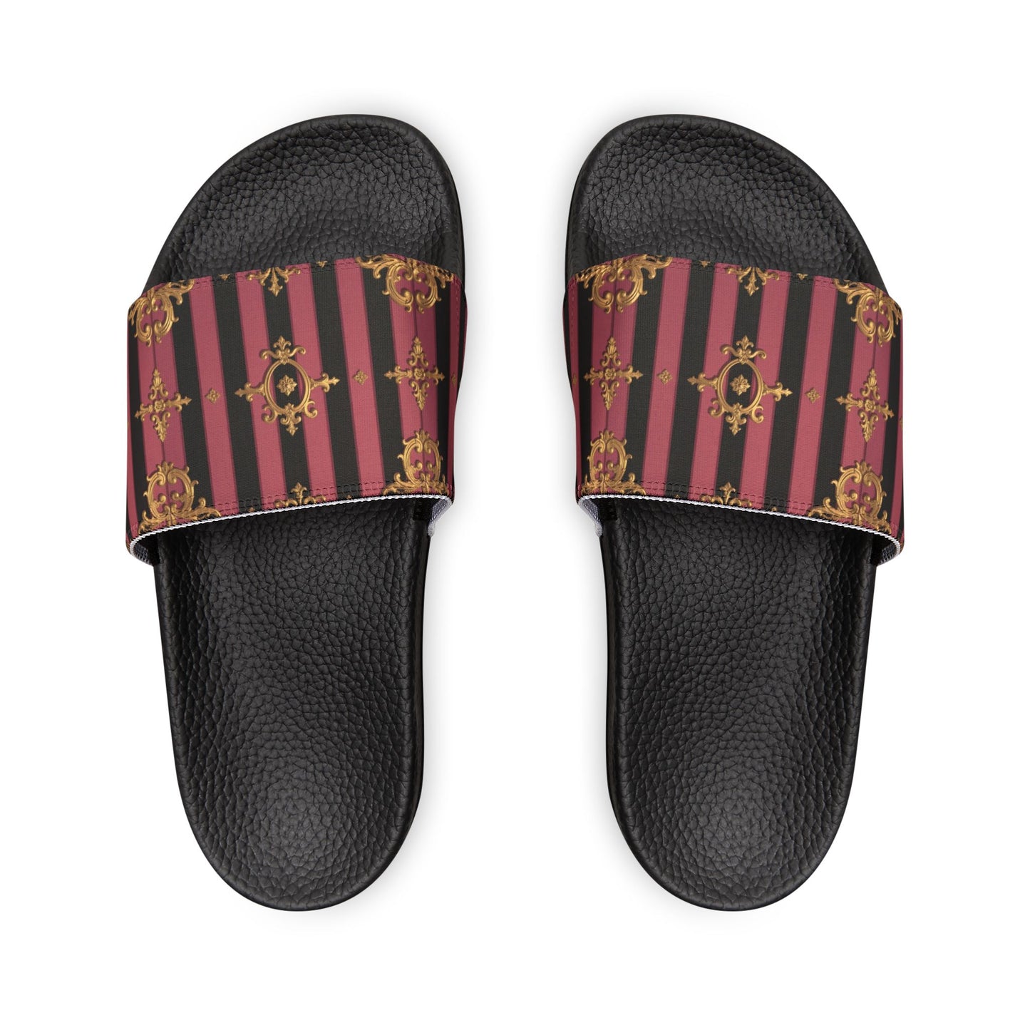 Chic Black & Mauve Striped Gold Baroque Women's Removable-Strap Sandals, Comfortable Summer Footwear