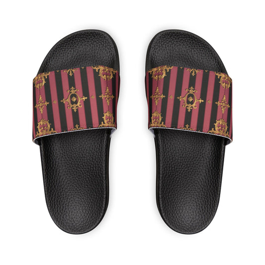 Chic Black & Mauve Striped Gold Baroque Women's Removable-Strap Sandals, Comfortable Summer Footwear