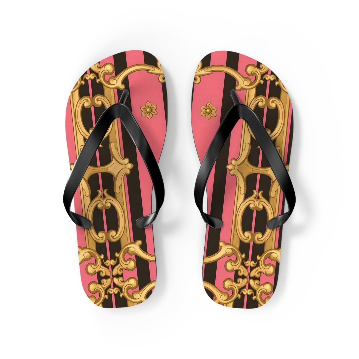 Chic Patterned Flip Flops - Stylish Summer Sandals, Beach Footwear, Pool Slides, Vacation Essentials, Gift for Her - Pink & Black Striped Gold Baroque
