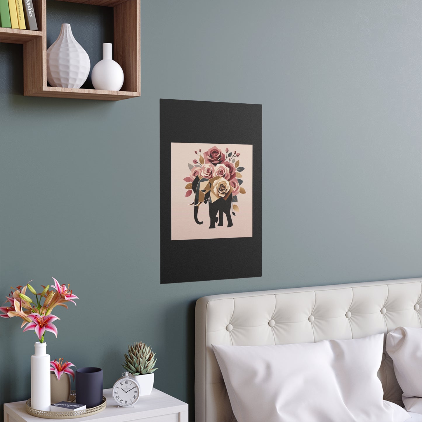 Elegant Floral Silk Poster - Indoor/Outdoor Wall Art for Home Decor - Black & Gold Elephant & Roses