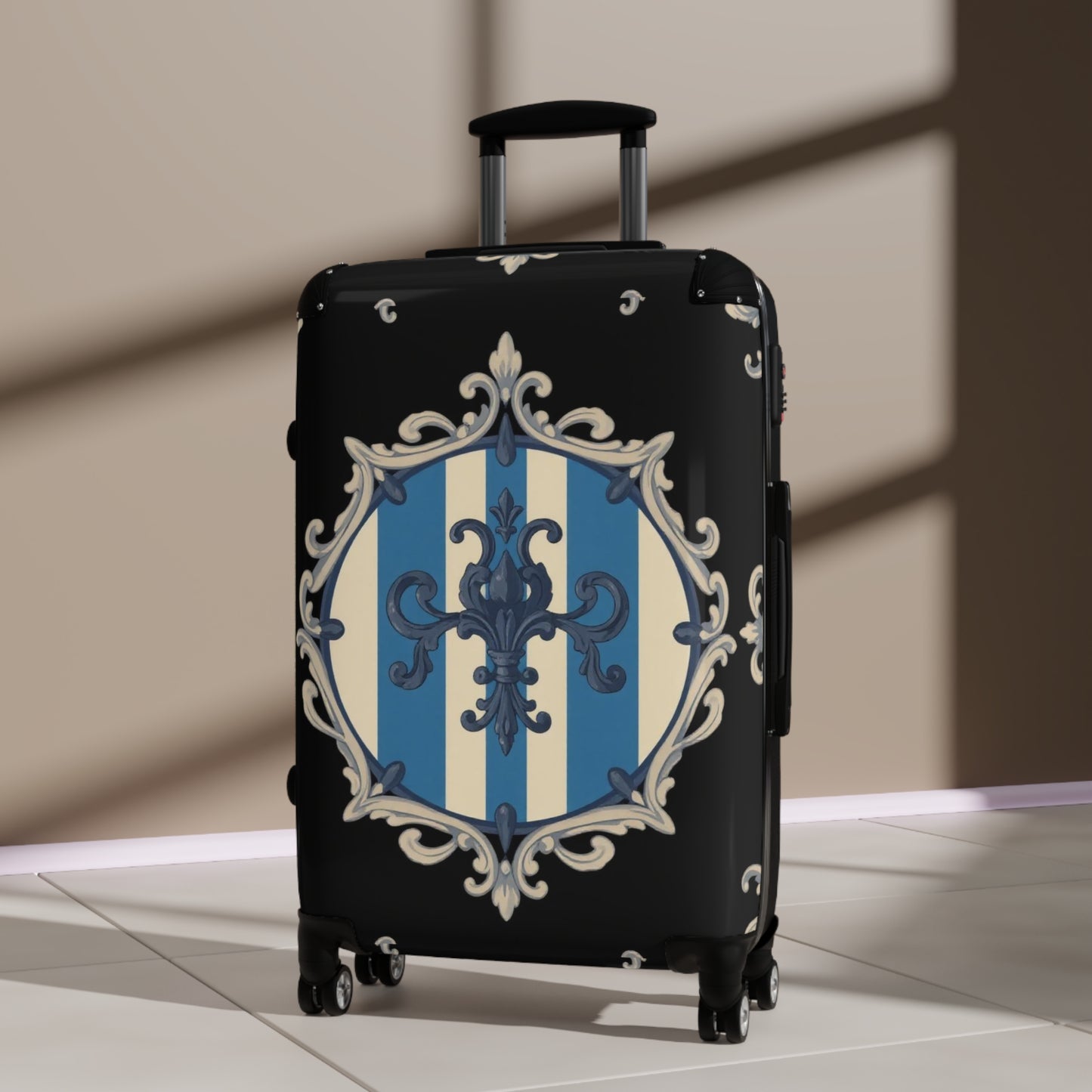 Elegant Blue & Alabaster Striped Baroque Travel Suitcase, Stylish Luggage, Personalized Travel Bag, Chic Weekender Bag, Vacation Essentials