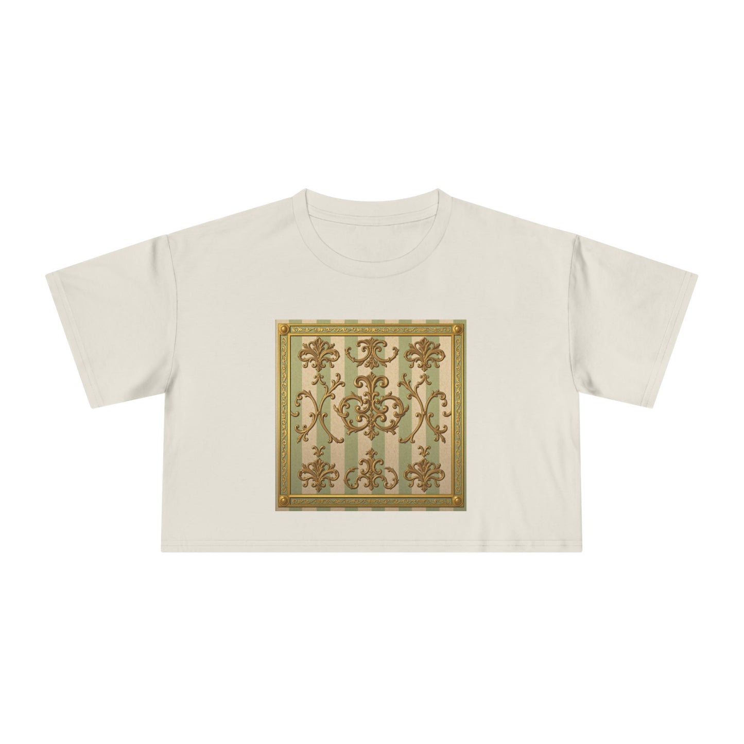 Stylish Women's Crop Tee with Elegant Print, Summer Fashion Top, Casual Chic Shirt, Gift for Her, Trendy Outfit - Mint & Beige Striped Gold Baroque