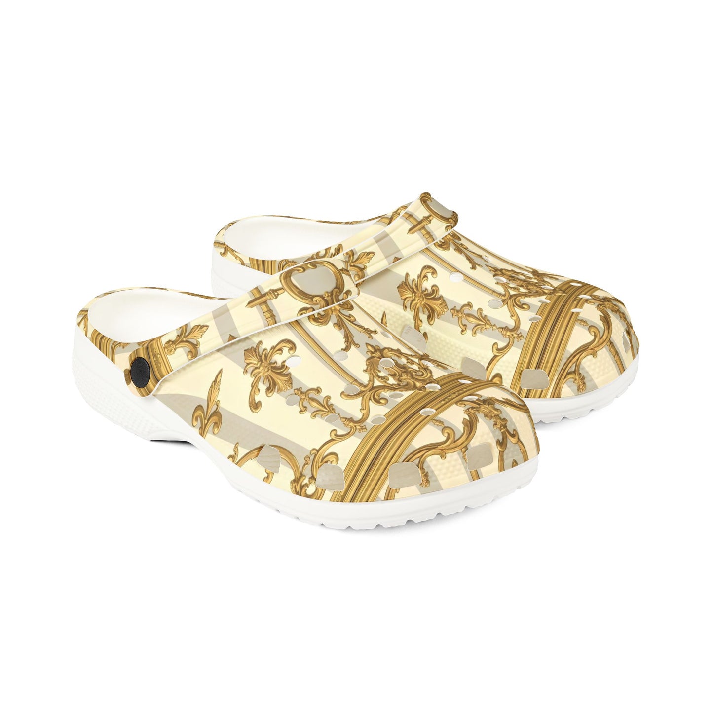 Elegant AOP EVA Foam Rubber Shoes for Home, Indoor Use, Garden, Stylish Comfort Footwear - Matte Gray & Cream Striped Gold Baroque