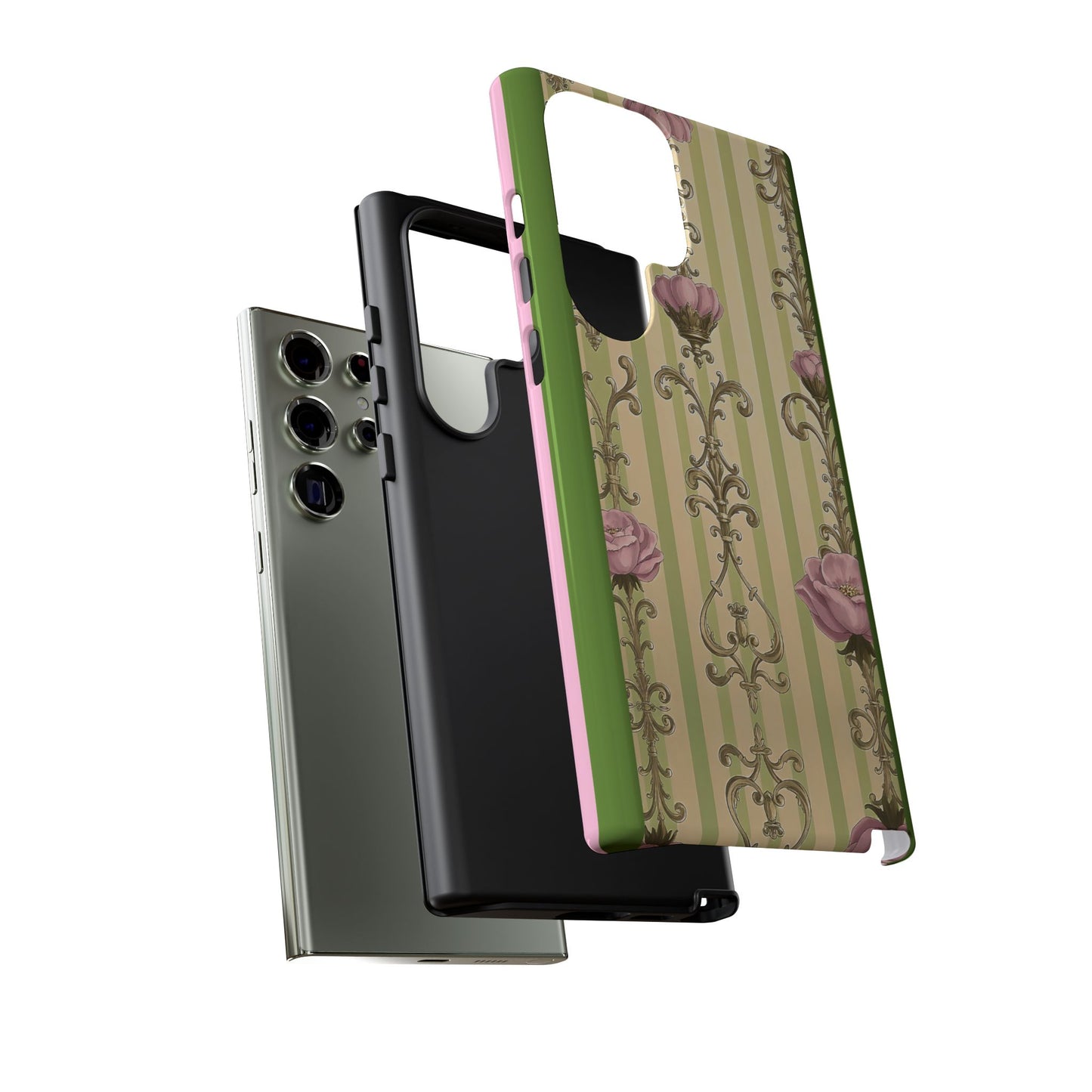 Elegant Floral Motif Phone Case - Tough Cases with Vintage Design - Lime Green & Pink Striped Damask