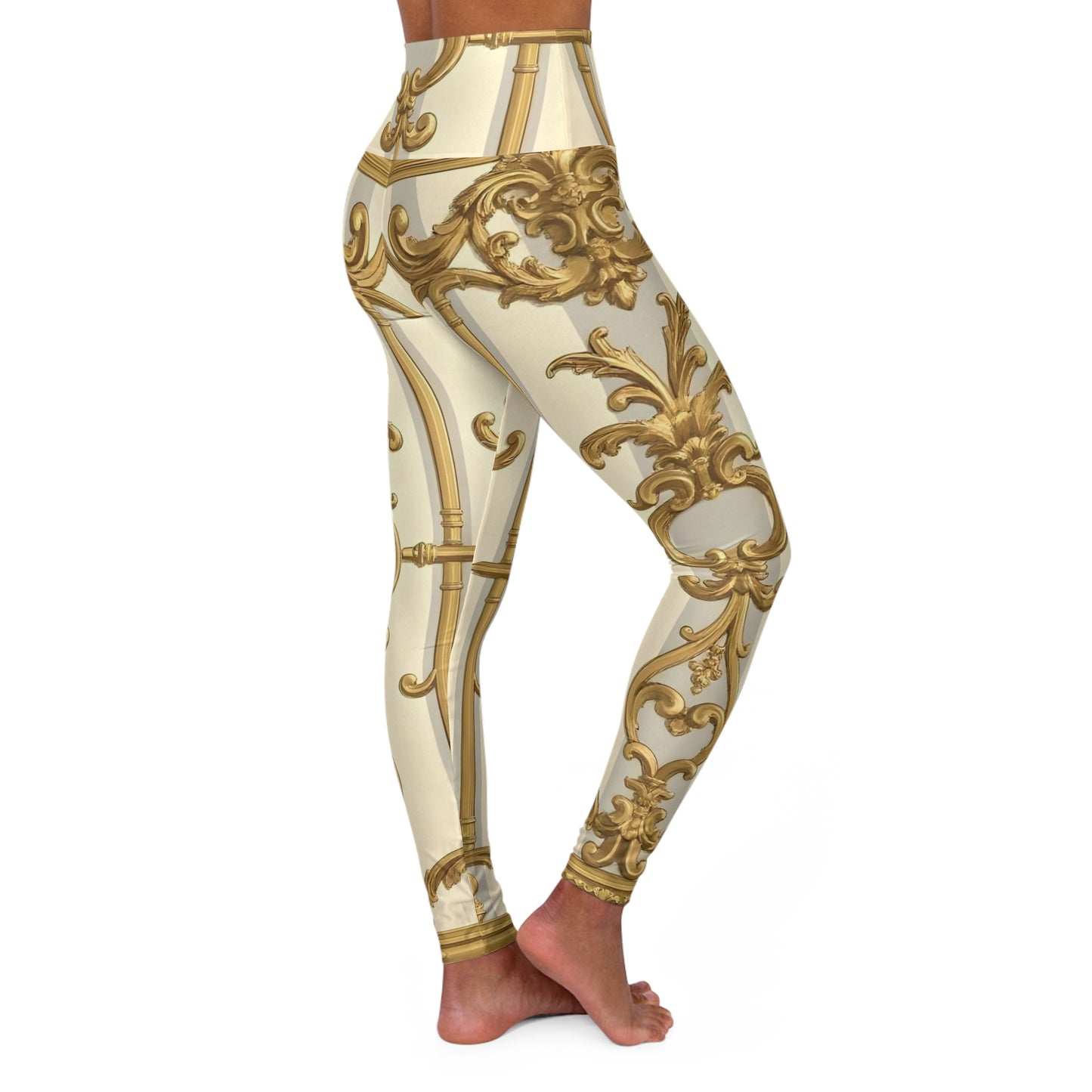 Elegant High Waisted Yoga Leggings, Artistic Activewear for Yoga, Fitness & Lounge, Unique Gift for Her - Matte Gray & Cream Striped Gold Baroque