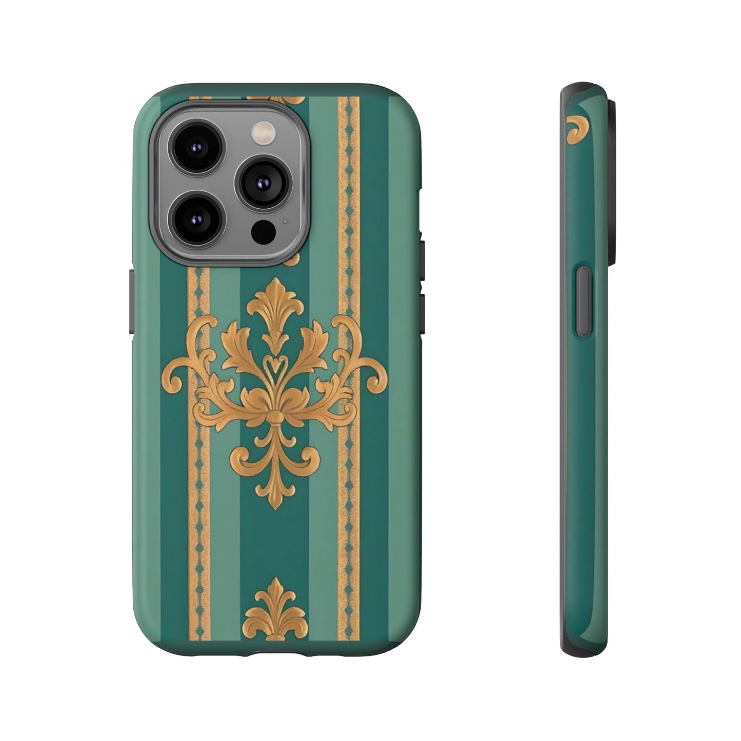 Elegant Floral Motif Phone Case - Tough Cases with Vintage Design - Teal Striped Gold Damask