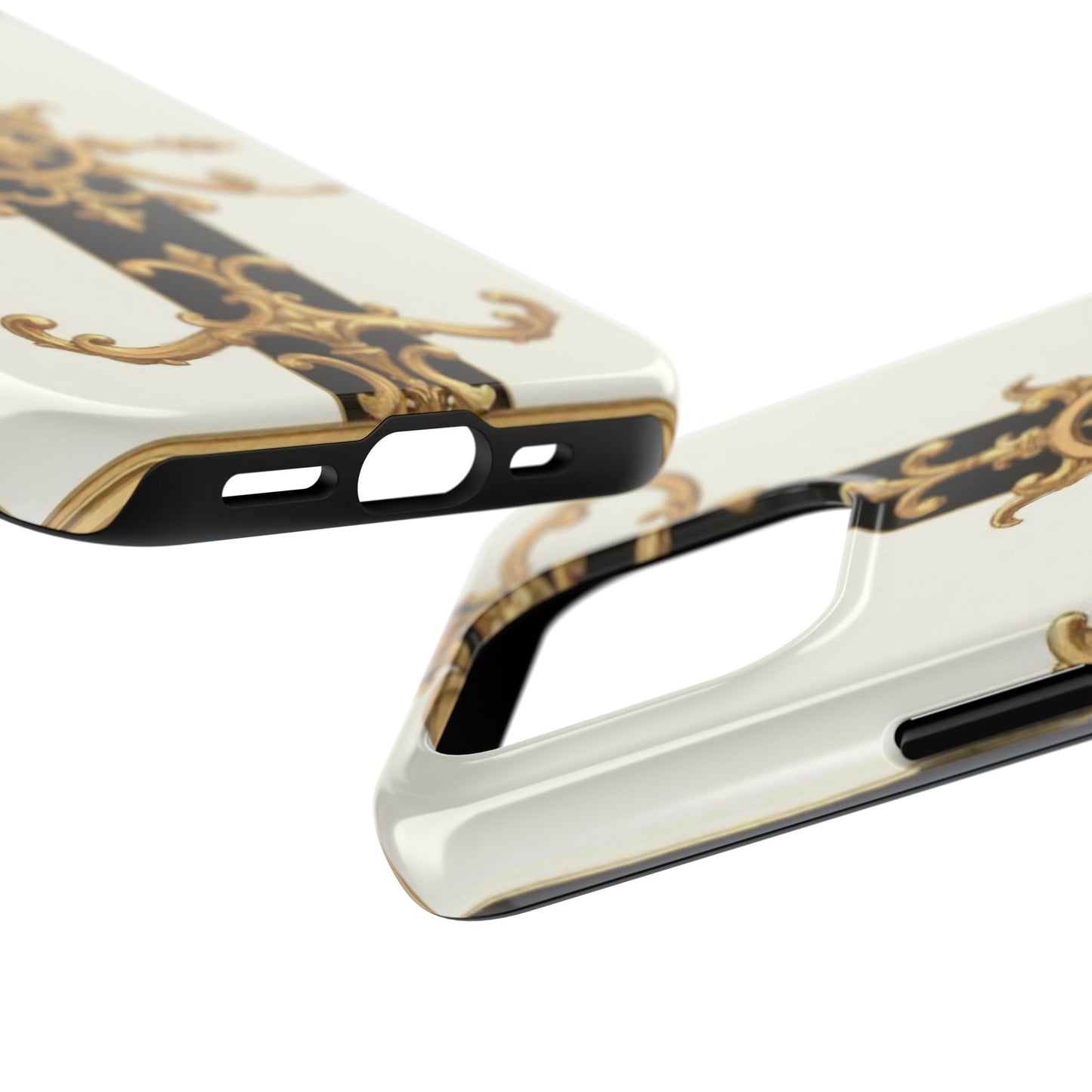 Elegant Baroque Tough Phone Case | Stylish Protection for Your Device, Gift for Her, Phone Accessories - Black & White Striped Gold Baroque