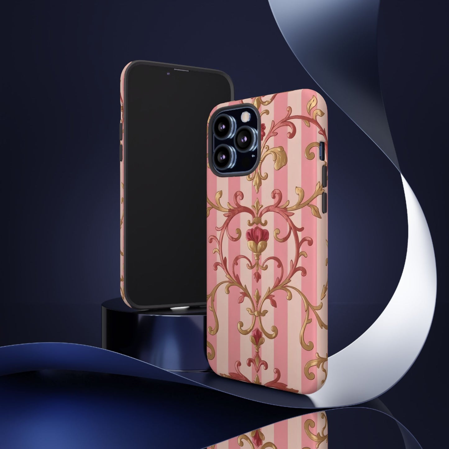 Elegant Floral Motif Phone Case - Tough Cases with Vintage Design - Pink Striped Rose Gold Damask
