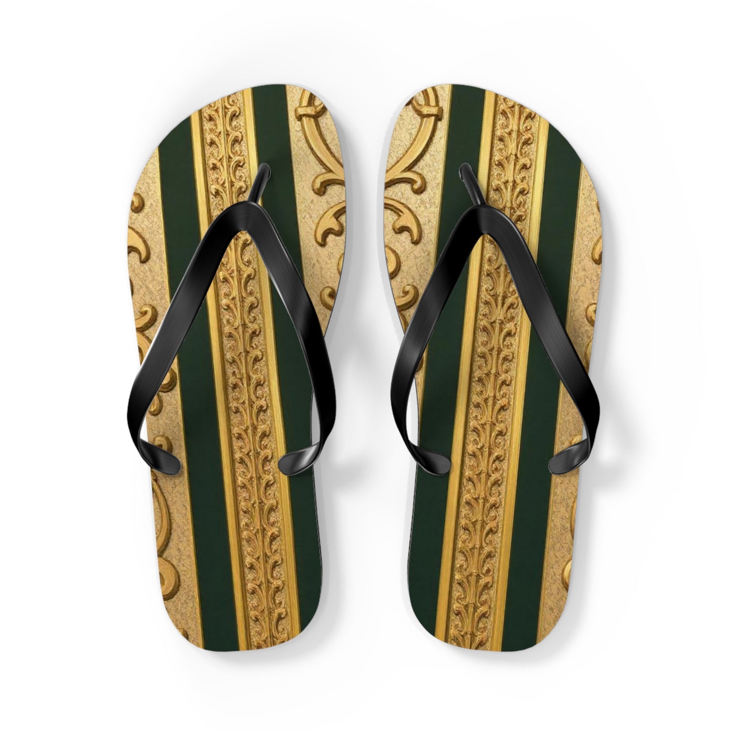 Elegant Teal Striped Gold Baroque Flip Flops, Summer Sandals, Beach Footwear, Vacation Essentials, Stylish Slippers, Poolside Accessories