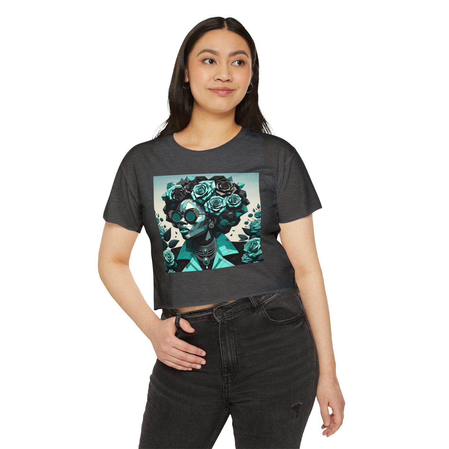 Women's Festival Crop Top with Artistic Floral Design, Boho Clothing, Trendy Summer Style, Perfect for Music Festivals - Turquoise & Black Roses Lady