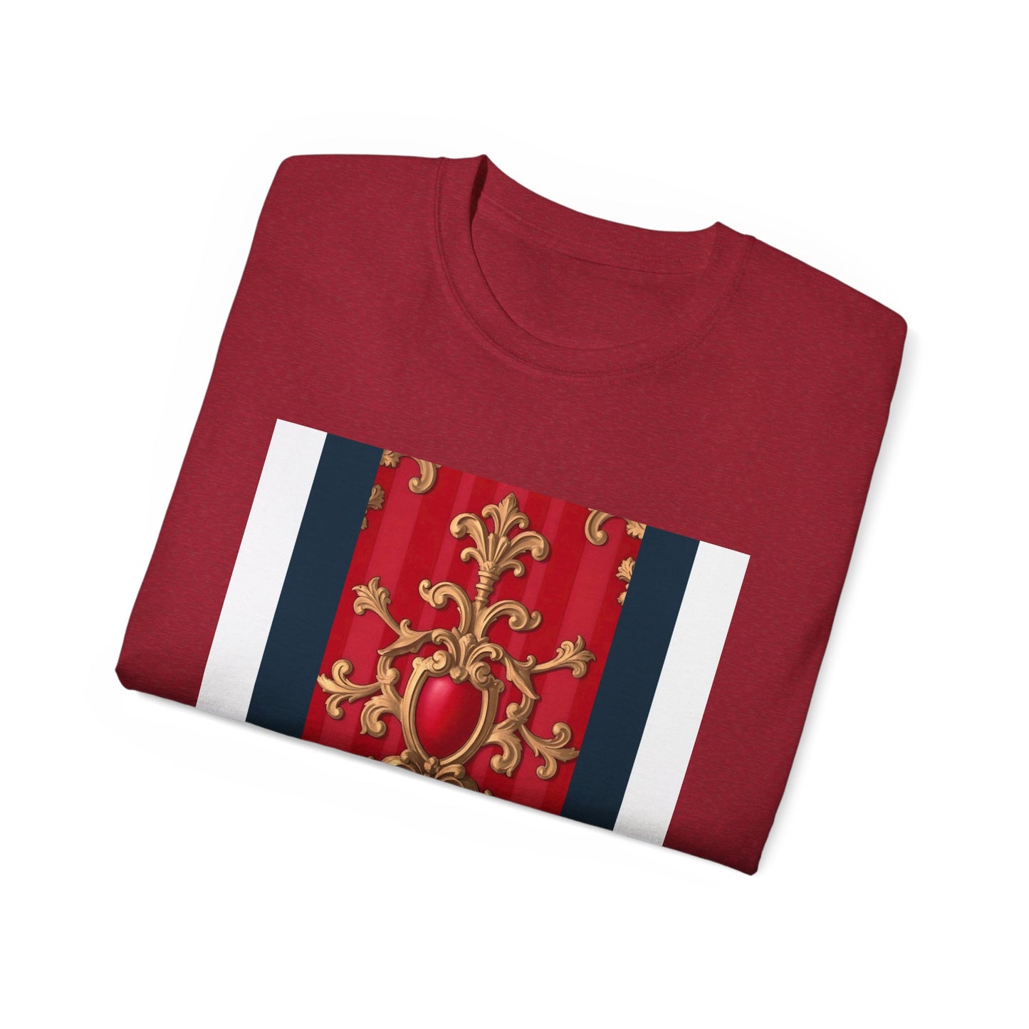 Regal Red Baroque T-Shirt, Artistic Tee, Gift for Art Lovers, Fashionable Statement Shirt, Unique Graphic Top - Blue, Red & White Striped Baroque