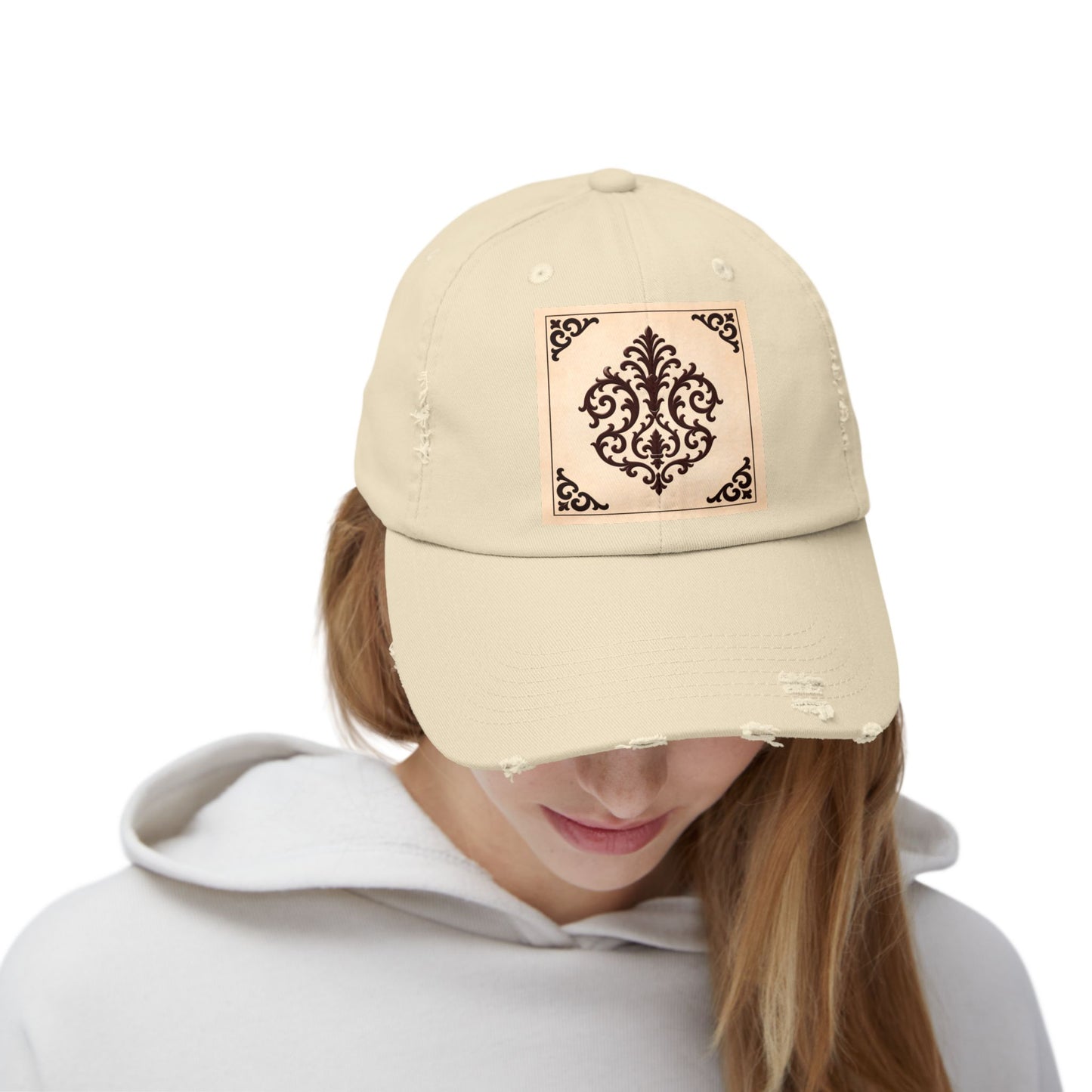 Almond-Beige & Brown Baroque Distressed Cap with Vintage Baroque Patch