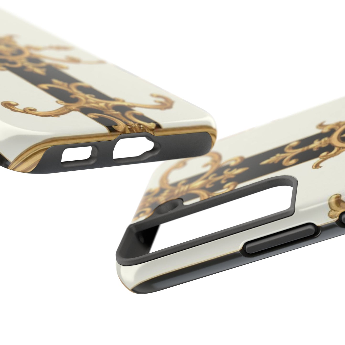 Elegant Baroque Tough Phone Case | Stylish Protection for Your Device, Gift for Her, Phone Accessories - Black & White Striped Gold Baroque