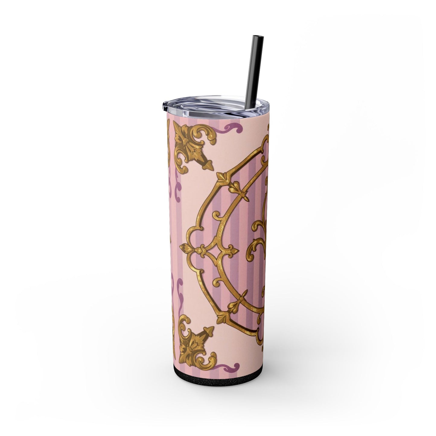 Elegant Lavender & Alabaster Striped Gold Baroque Tumbler - Insulated 20oz Skinny Cup with Straw, Ideal for Gifts, Parties, and Daily Use
