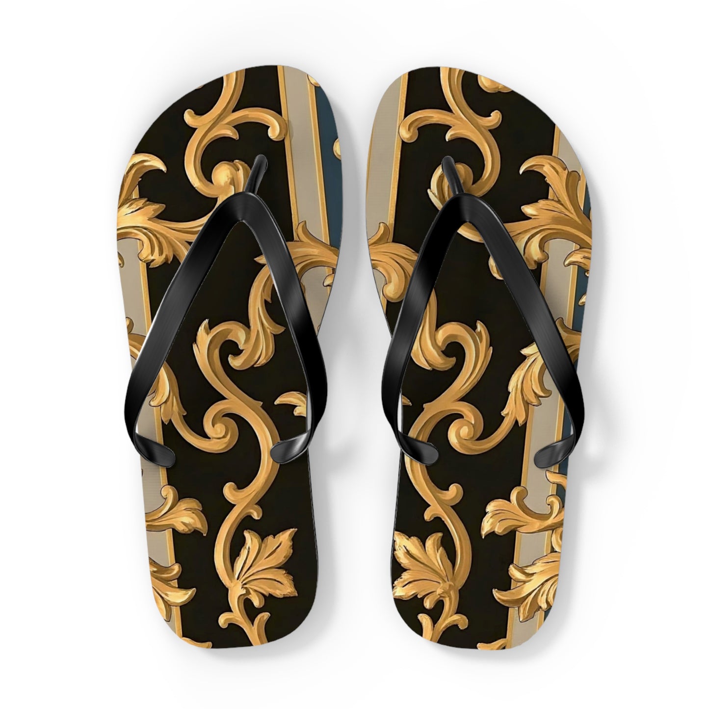Stylish Flip Flops with Elegant Gold Design, Beachwear, Summer Sandals, Vacation Footwear, Poolside Essentials - Blue & Black Striped Rococo