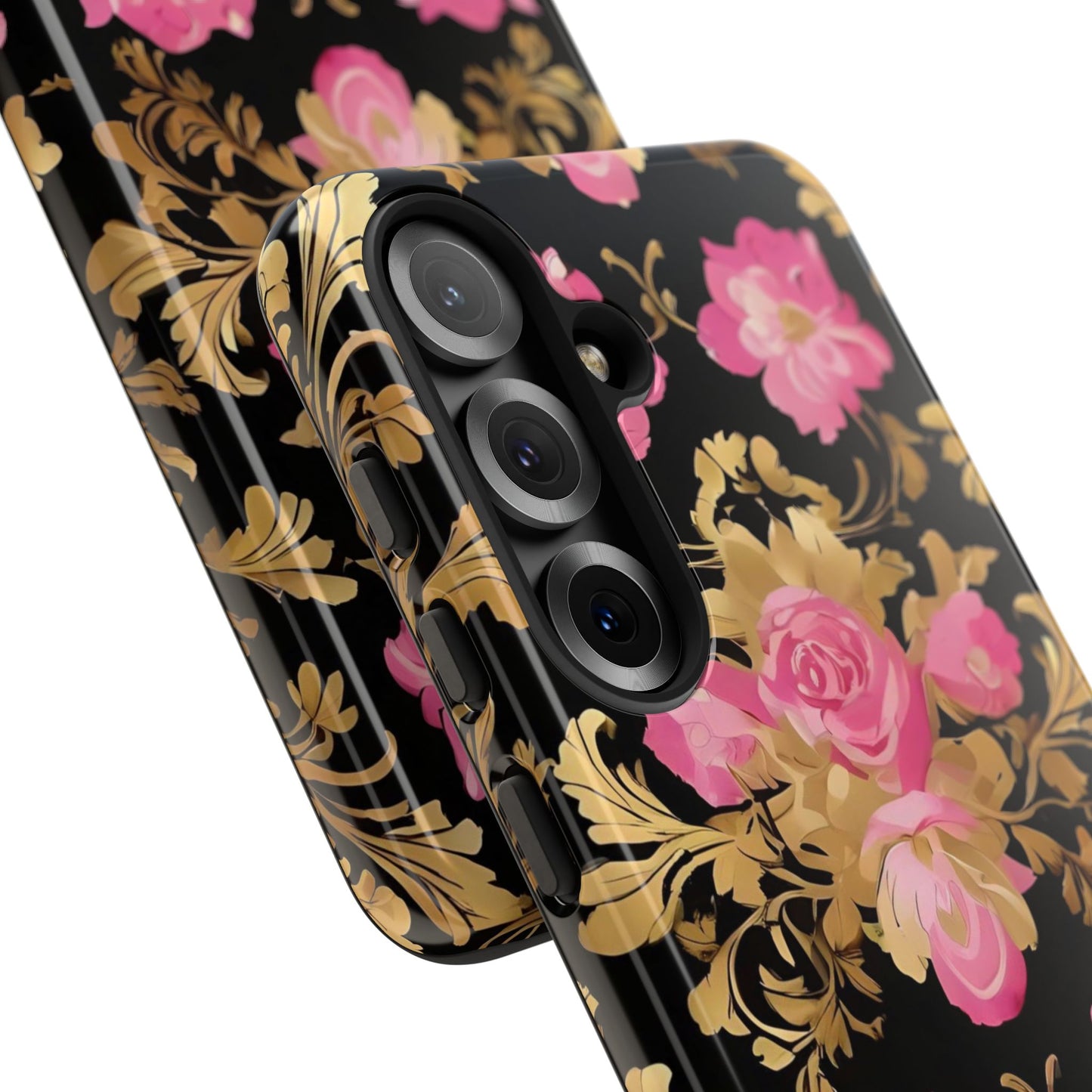Elegant Floral Motif Phone Case - Tough Cases with Vintage Design - Pink & Gold Roses