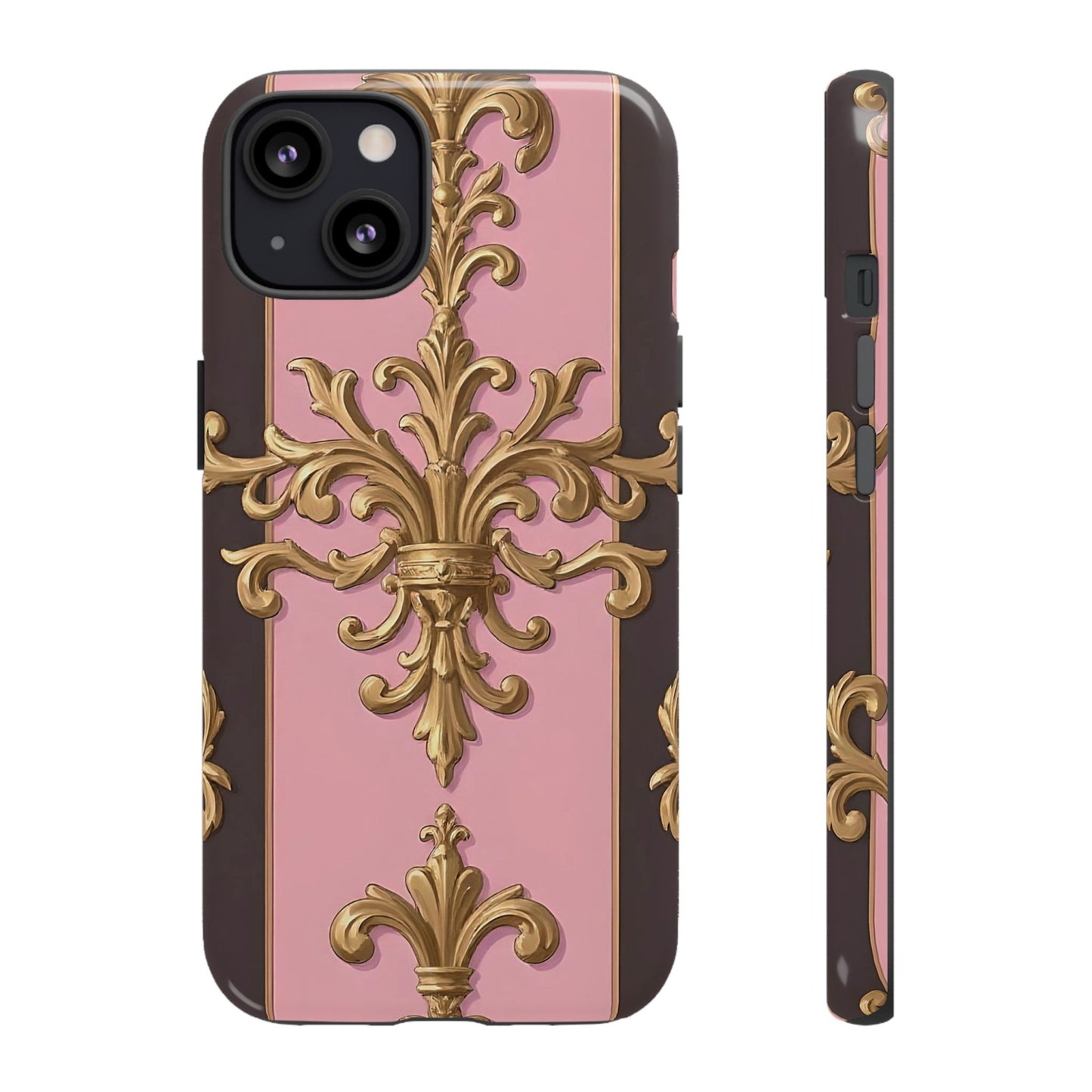 Elegant Floral Motif Phone Case - Tough Cases with Vintage Design - Pink & Brown Striped Gold Damask