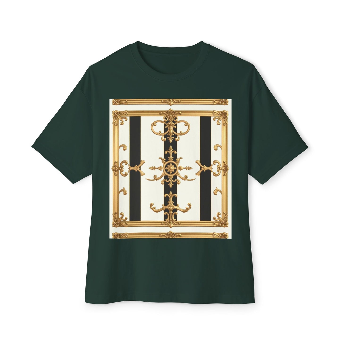 Chic Oversized Boxy Tee with Elegant Gold Design, Fashion T-Shirt, Streetwear Top, Casual Wear - Black & White Striped Gold Baroque