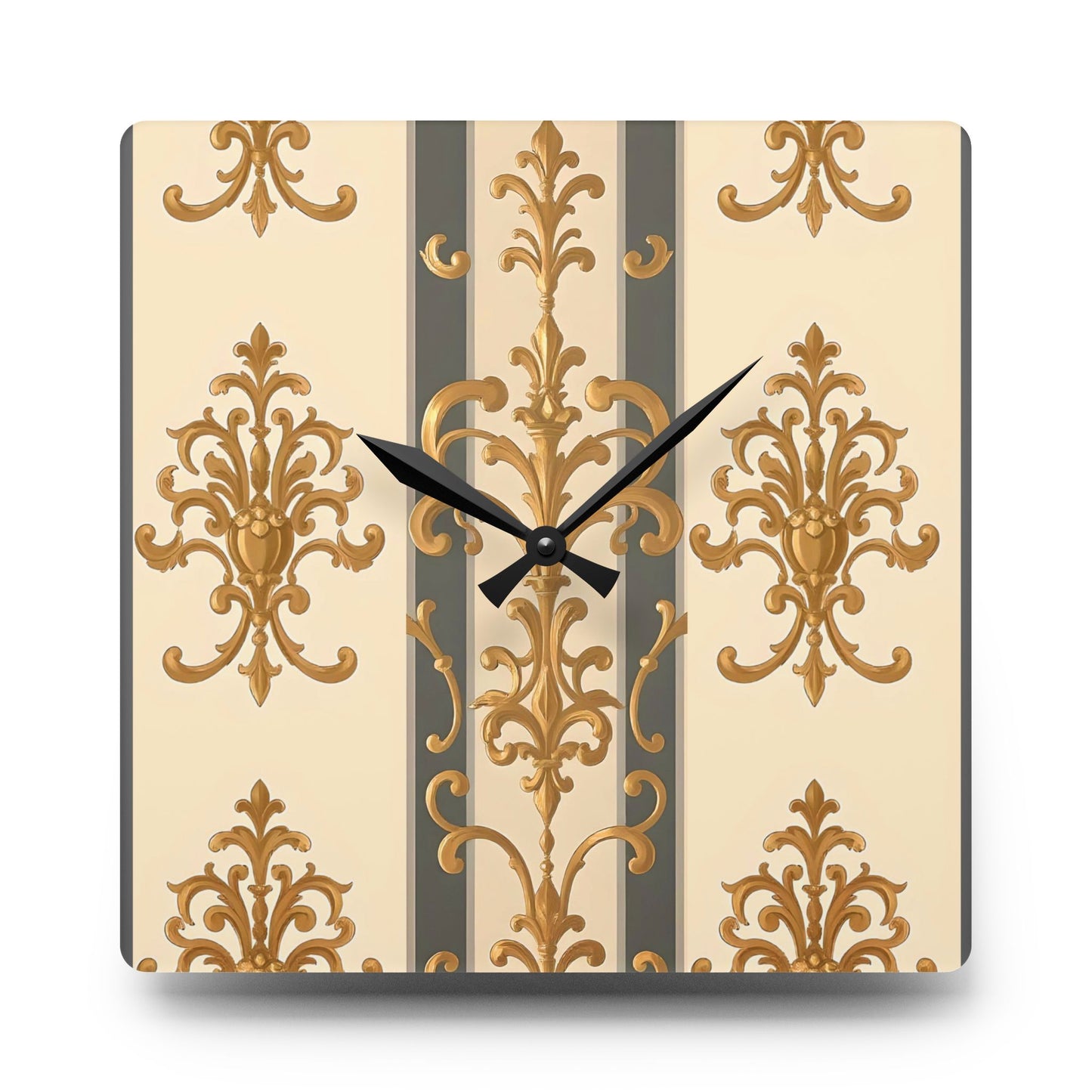 Bohemian Damask-Inspired Acrylic Wall Clock with Floral Design - Dusk Olive Striped Gold Damask