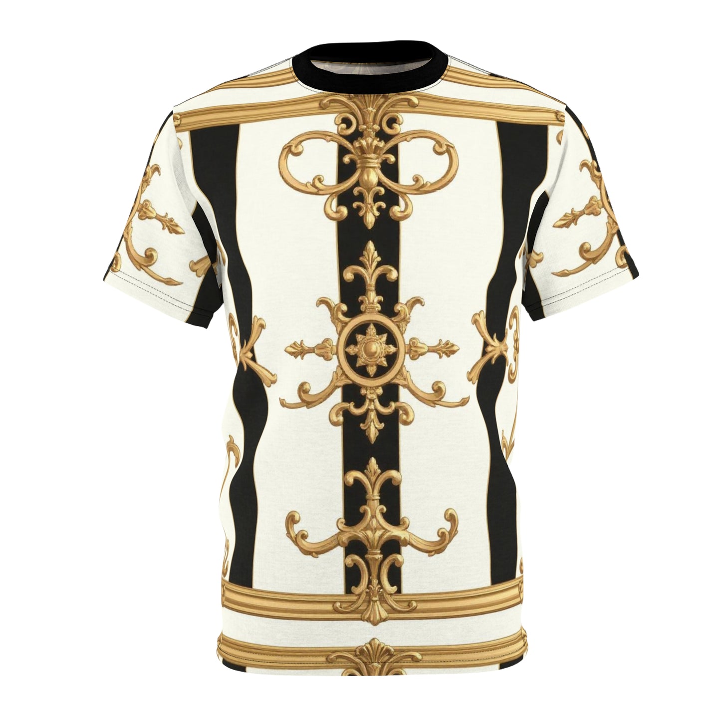 Elegant Baroque Unisex Cut & Sew Tee | Stylish AOP Top, Fashion Statement, Unique Gift, Casual Wear - Black & White Striped Gold Baroque
