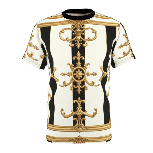 Elegant Baroque Unisex Cut & Sew Tee | Stylish AOP Top, Fashion Statement, Unique Gift, Casual Wear - Black & White Striped Gold Baroque