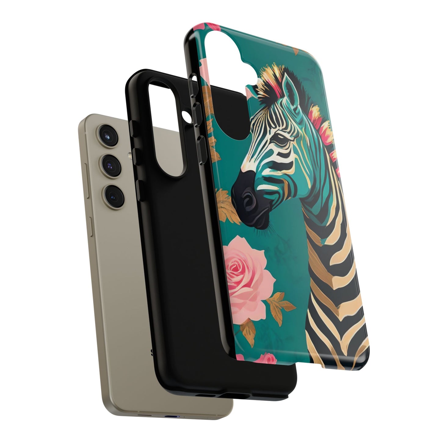 Phone Case - Elegant Teal & Gold Zebra & Roses Design