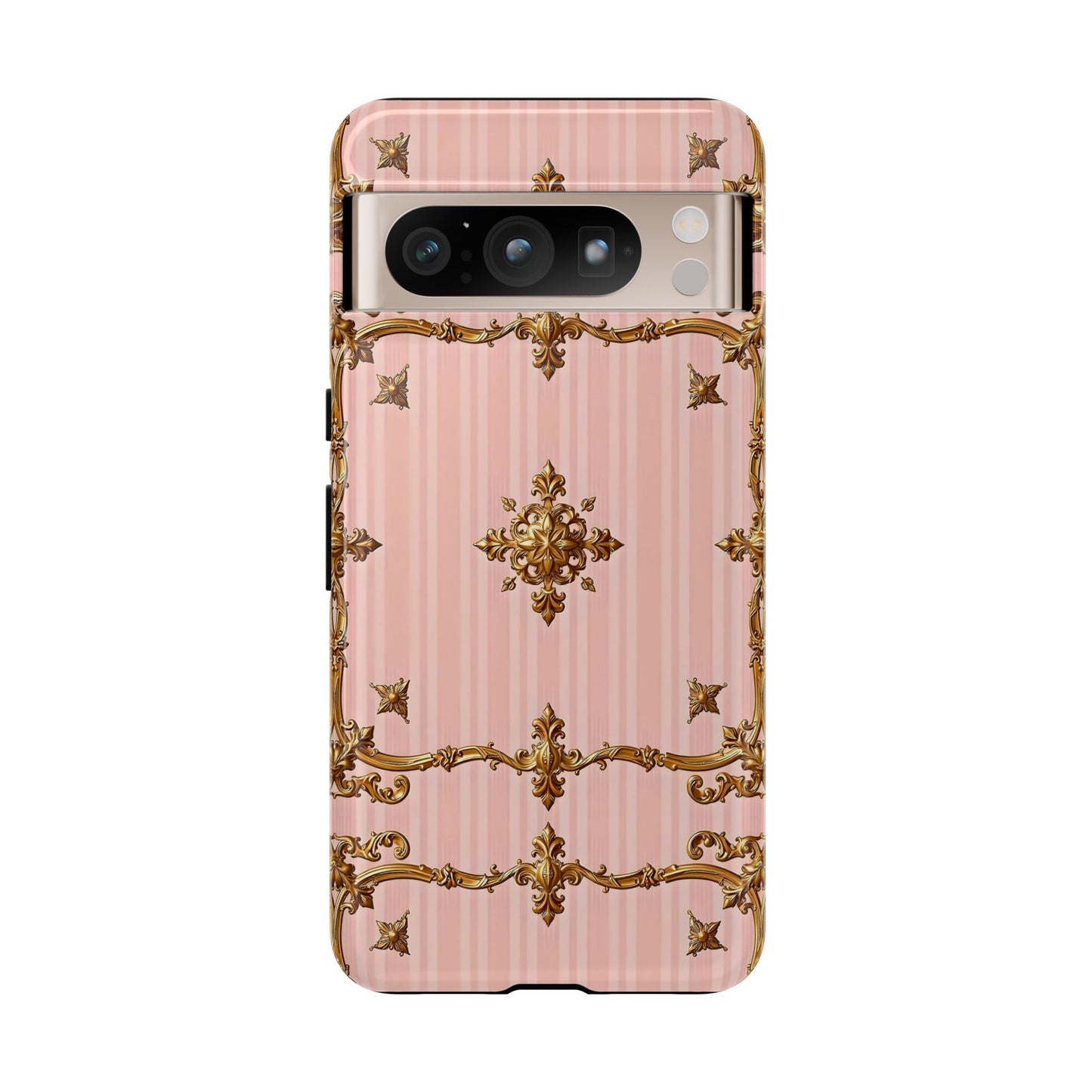 Elegant Floral Phone Case, Tough Cases for Women, Trendy Phone Cover, Chic Gift - Pink Striped Gold Baroque