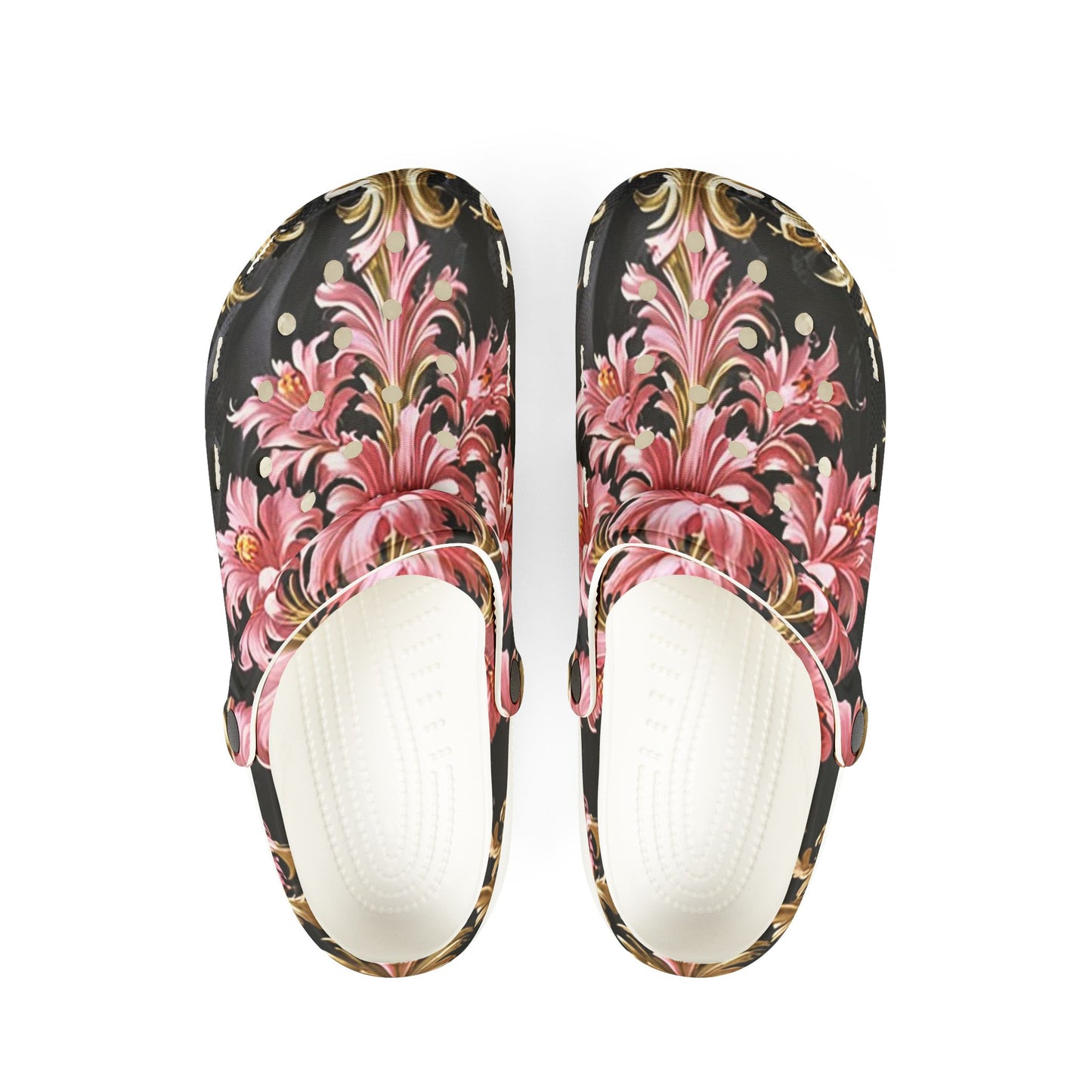 Floral Foam Clogs: Stylish Comfort Shoes for Everyday Wear, Garden Parties, Casual Outings - Black & Pink Oil Painting Style Rococo