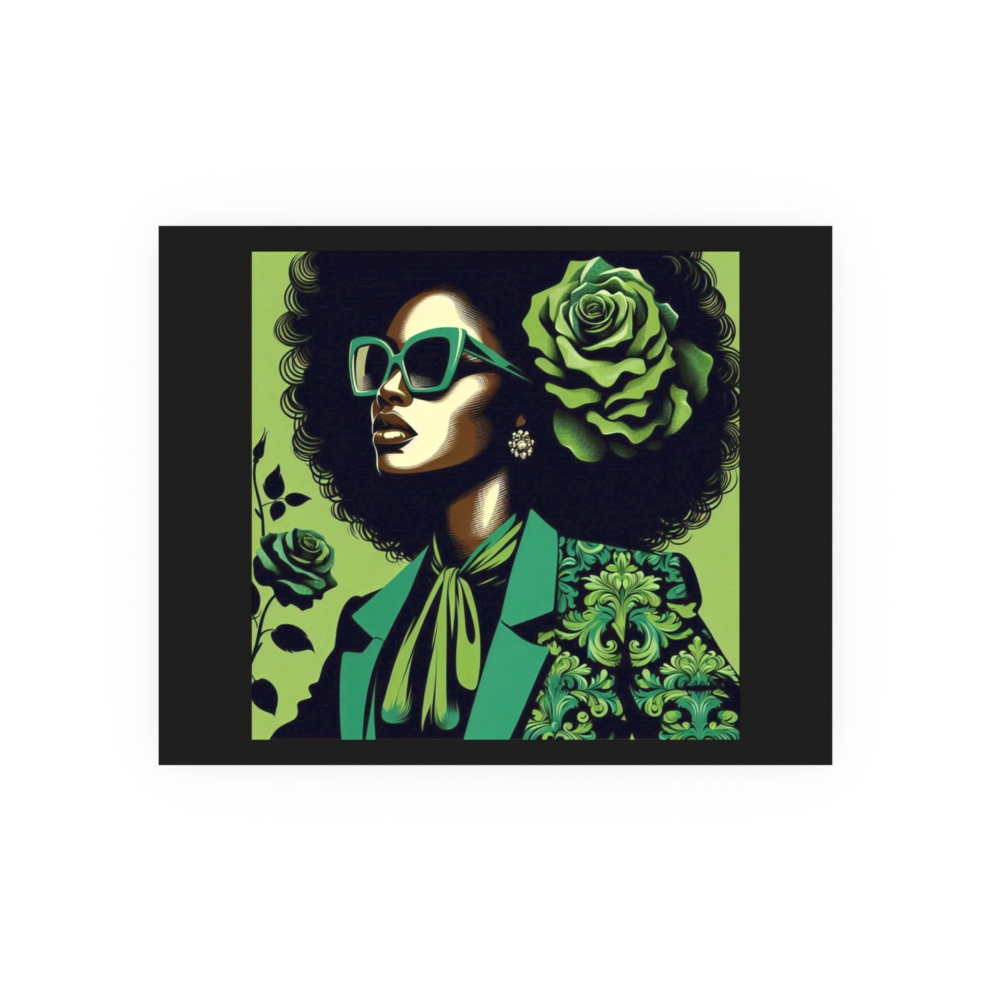 Chic Afrocentric Art Poster, Vibrant Wall Décor, Stylish Home Decoration, Damask Chic Art Print - Lady In Green Damask