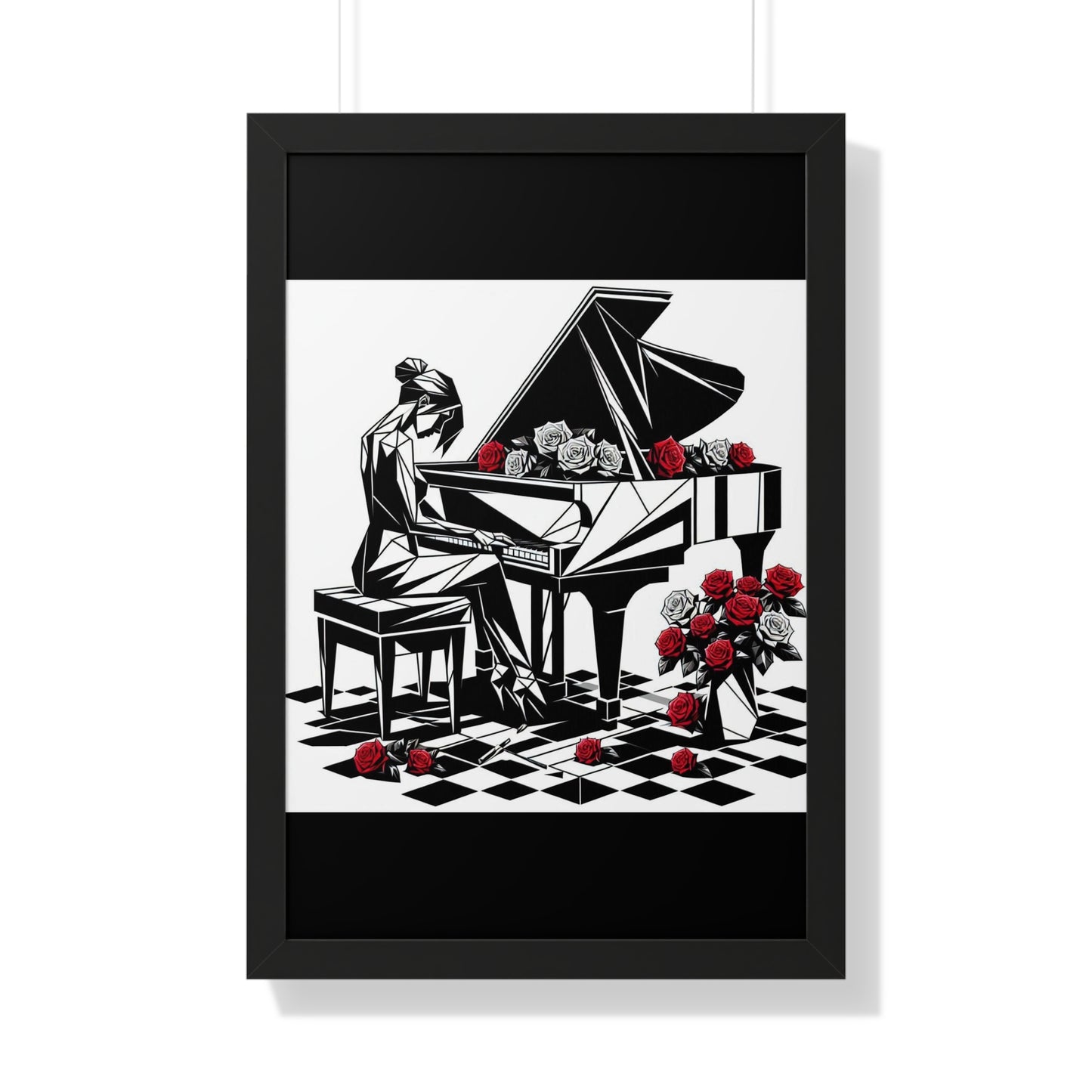 Vertical Poster - Black & White Grand Piano & Red Roses Wall Art