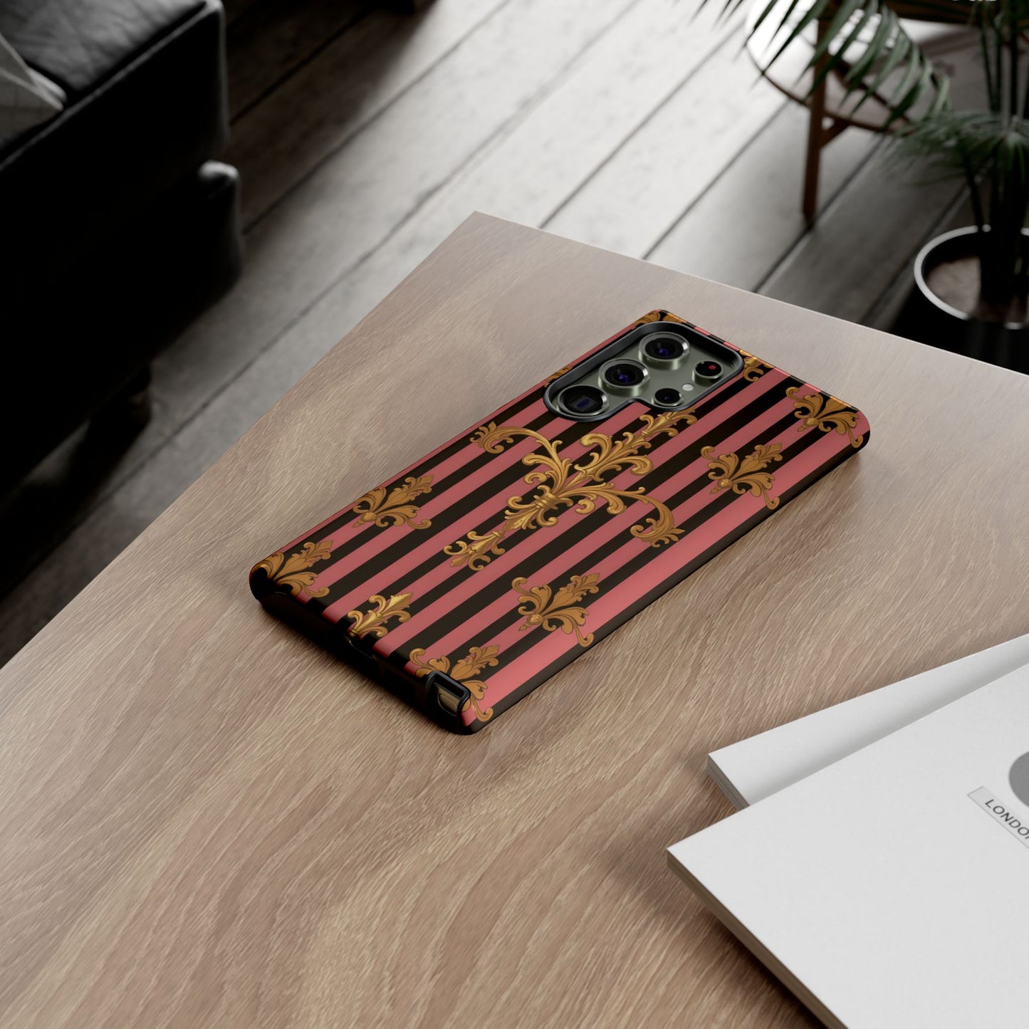 Elegant Floral Motif Phone Case - Tough Cases with Vintage Design - Mauve Striped Gold Damask