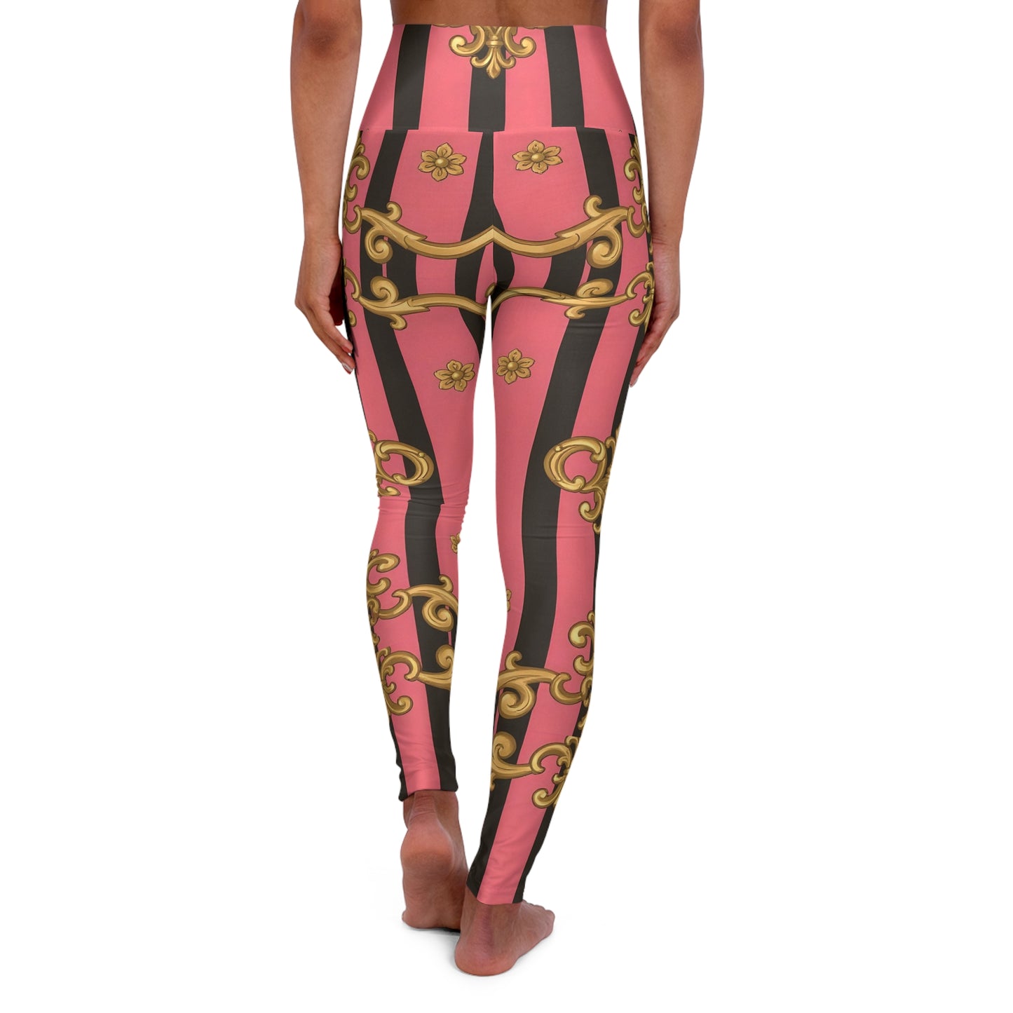 Chic High Waisted Yoga Leggings, Fitness Apparel, Activewear, Workout Leggings, Stylish Sports Leggings - Pink & Black Striped Gold Baroque