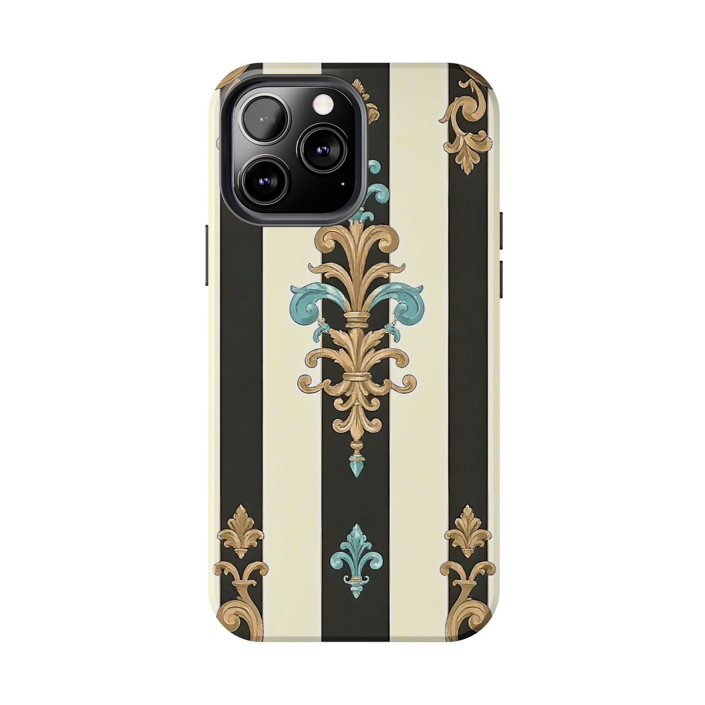 Elegant Vintage Tough Phone Cases, Stylish Phone Accessories, Quality Protection, Gifts for Her - Black Striped Turquoise & Black Rococo