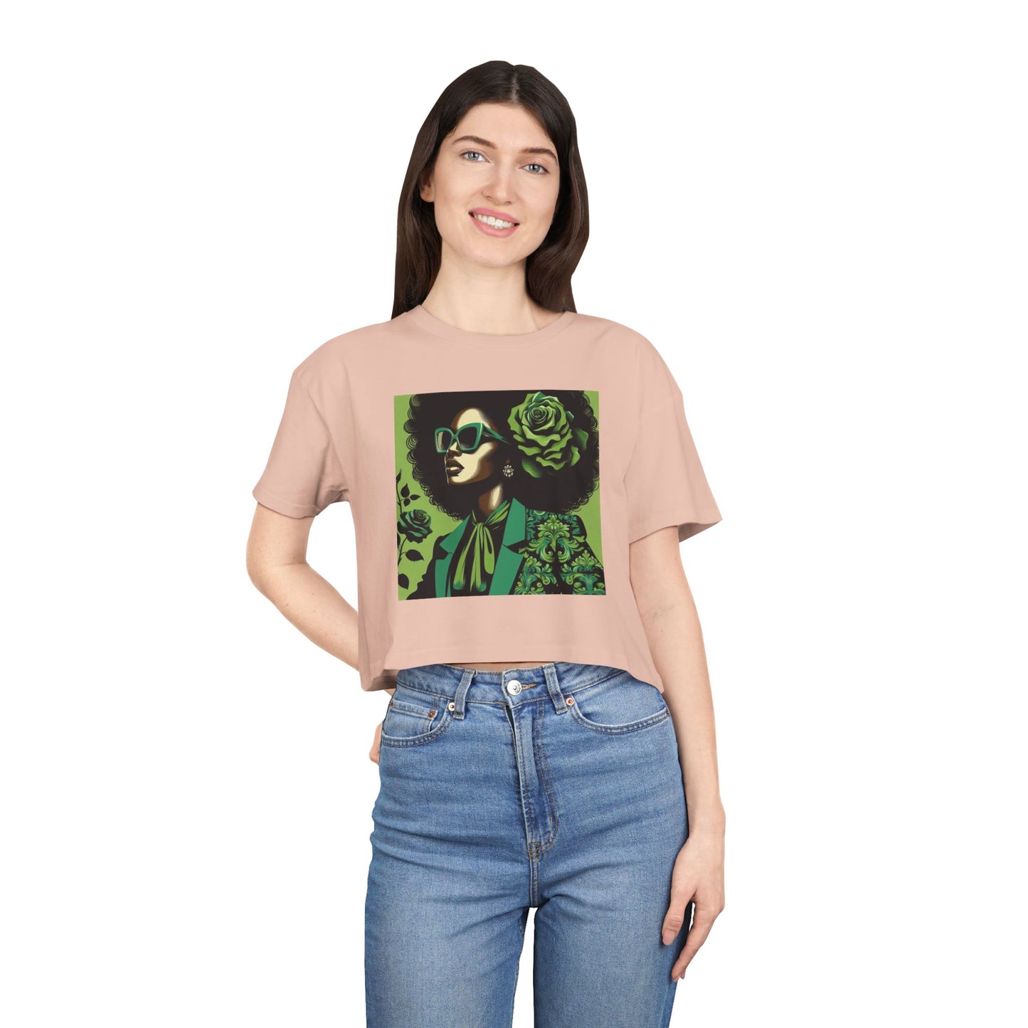 Stylish Women's Crop Tee with Damask Design | Trendy Summer Top, Afro Crop Shirt, Casual Wear, Gift for Her - Lady in Green Damask
