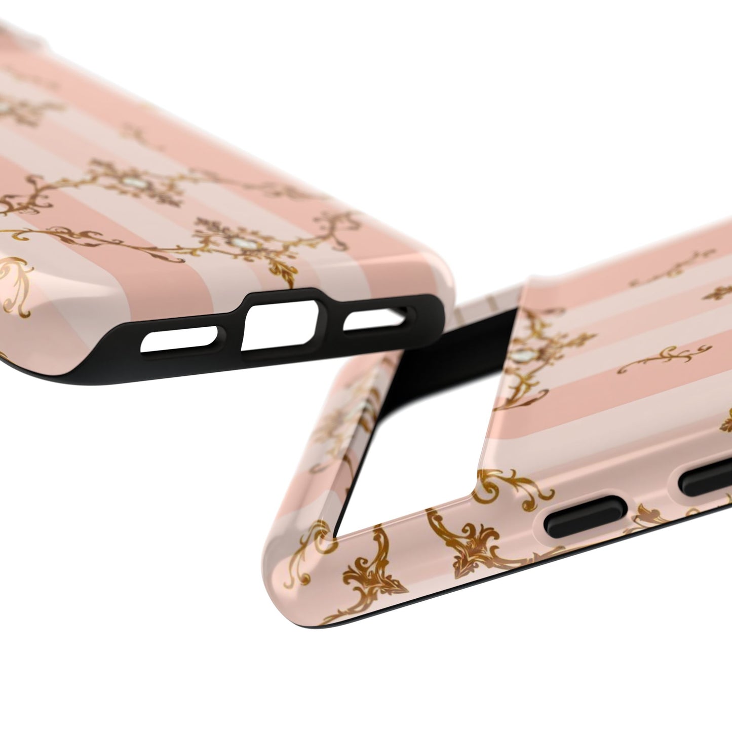 Elegant Floral Phone Case, Tough Cases for Women, Trendy Phone Cover, Chic Gift - Pink Jeweled Striped Gold Baroque