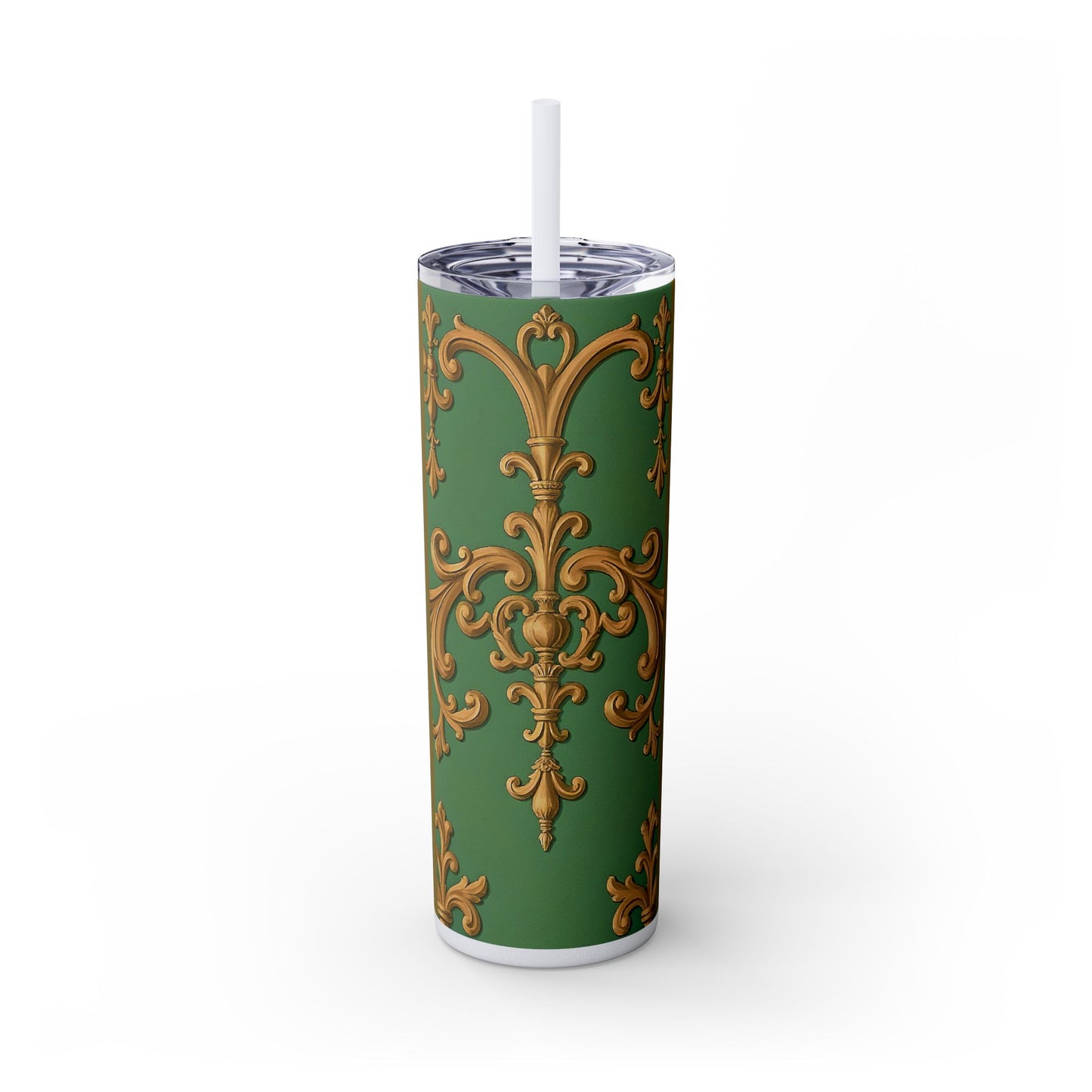 Elegant Green Pattern Skinny Tumbler with Straw, Stylish Drinkware, Gift for Her, Travel Mug, Home Decor, Floral Design - Olive Green Striped Rococo