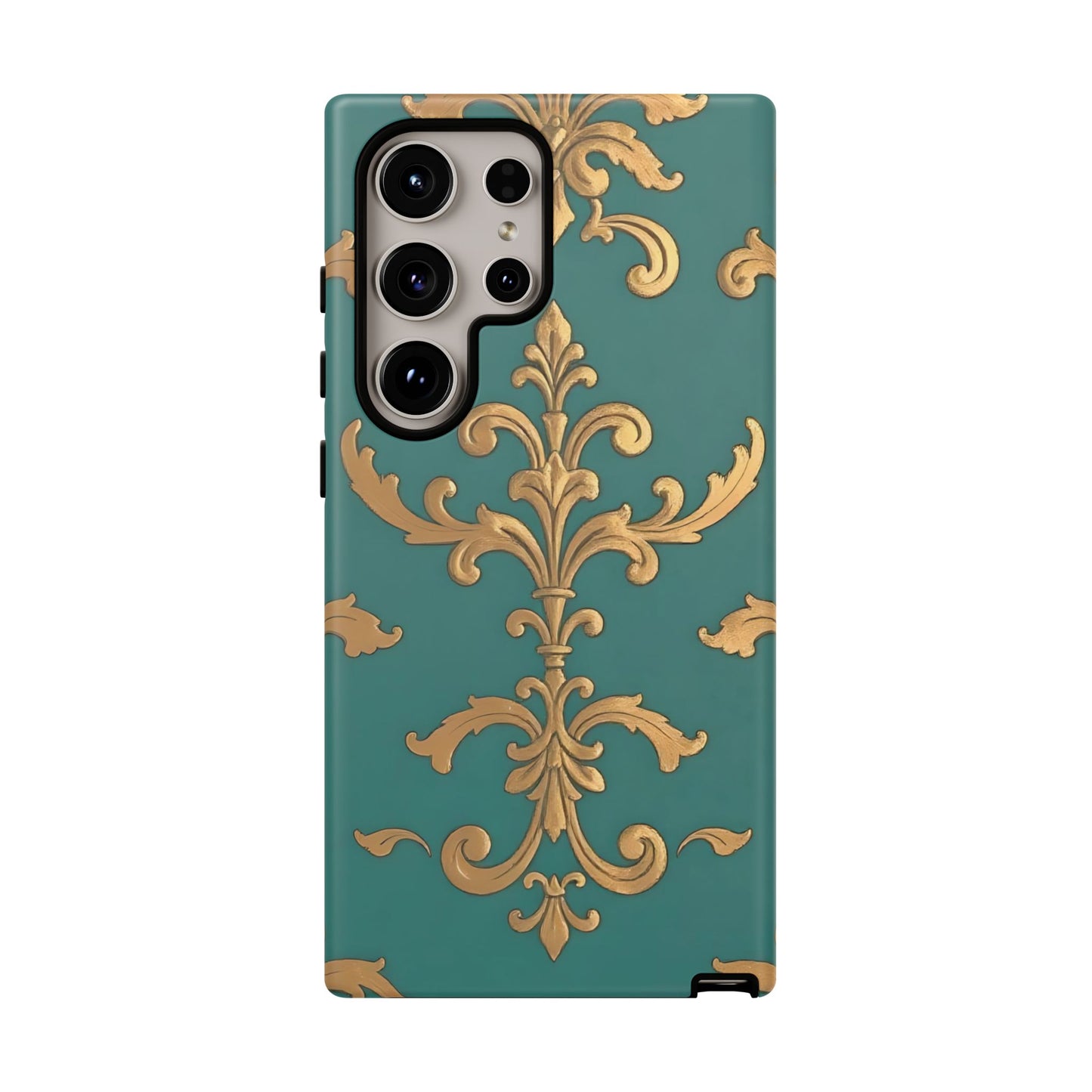 Elegant Floral Motif Phone Case - Tough Cases with Vintage Design - Aqua & Gold Damask