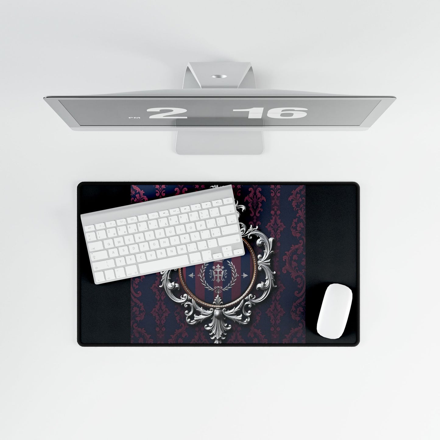 Elegant Desk Mats for Home Office, Stylish Desk Mats for Work, Personalized Office Decor, Chic Mouse Pads - Blue & Plum Striped Silver Crest