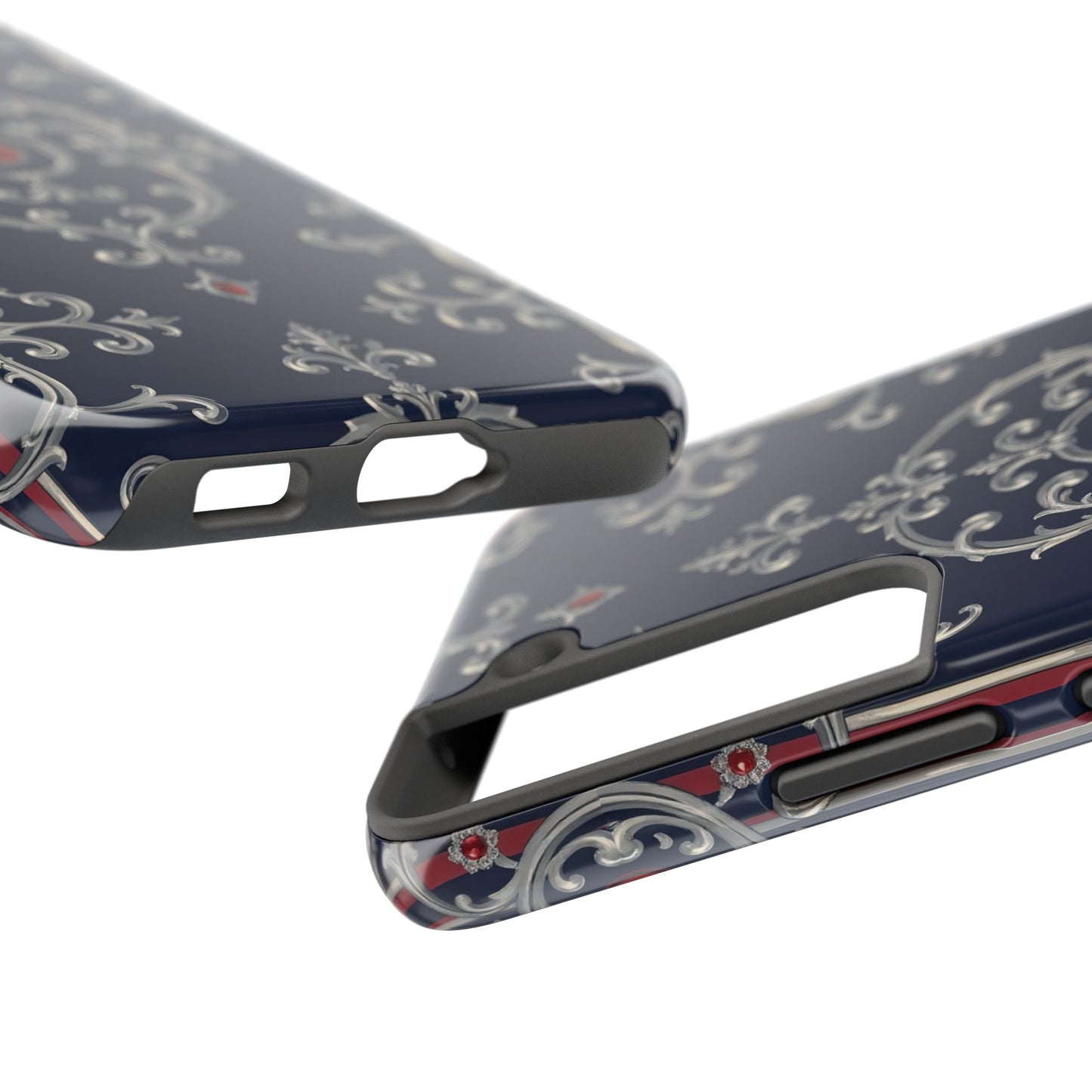 Elegant Patterned Tough Phone Cases for Stylish Protection, Gift for Her, Unique Accessories - Blue & Red Striped Silver Baroque