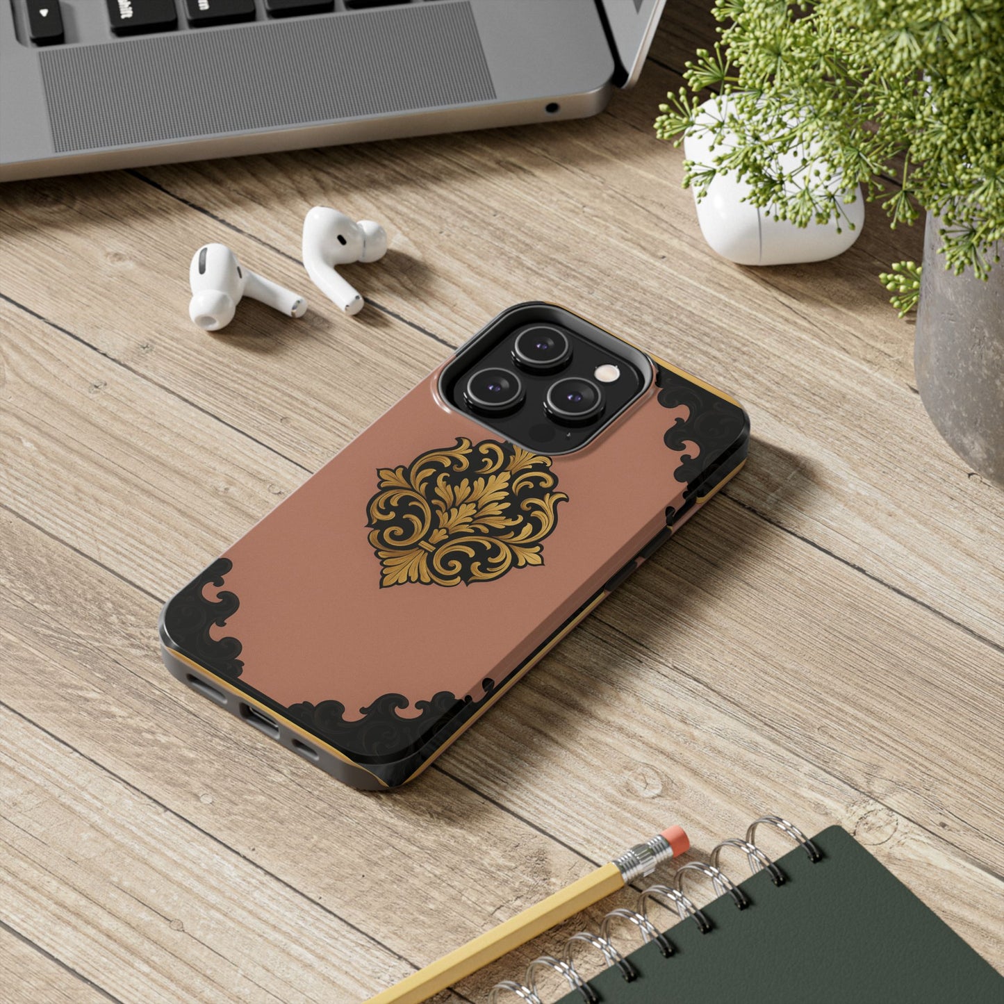 Mauve & Black-Gold Baroque Tough Phone Case — Ornate Protective iPhone Cover