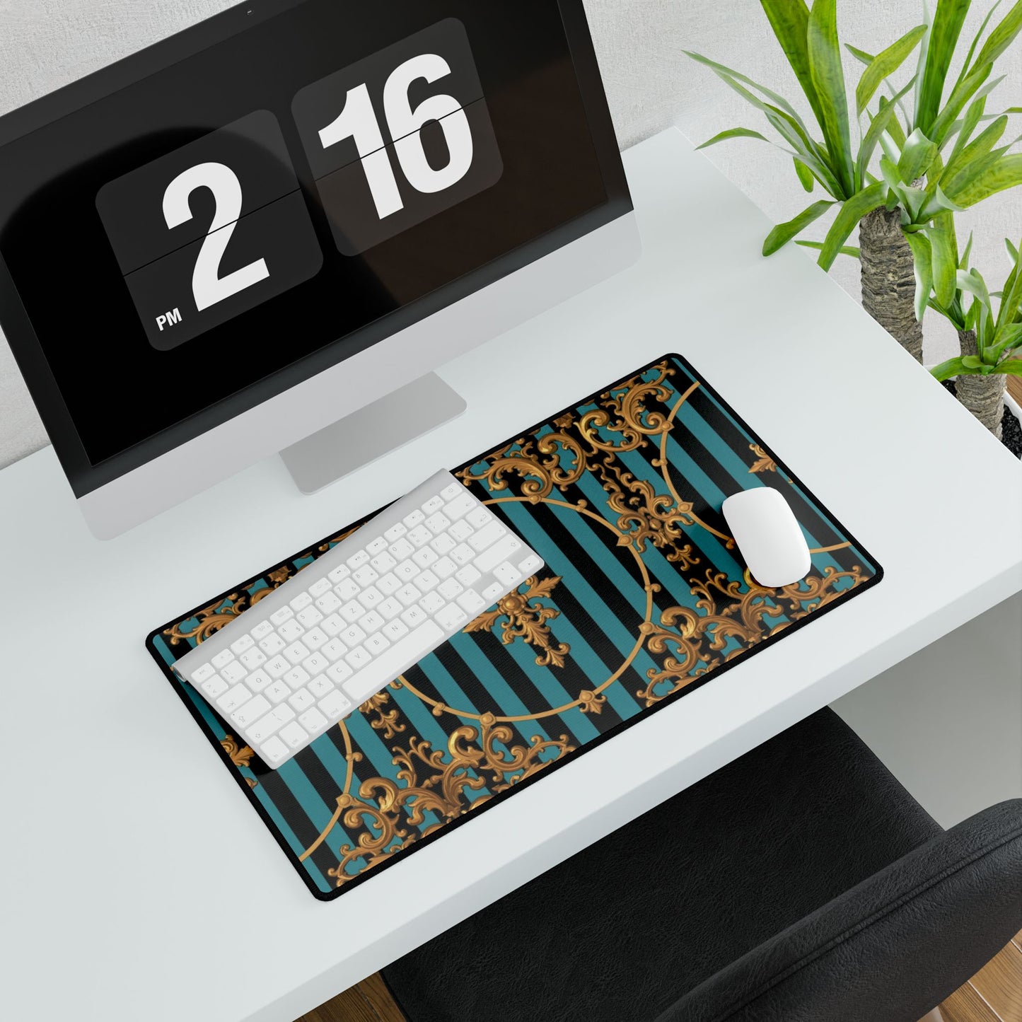 Elegant Turquoise & Black Striped Gold Baroque Desk Mats for Home Office, Stylish Mouse Pads, Luxe Desk Decor, Gifts for Professionals
