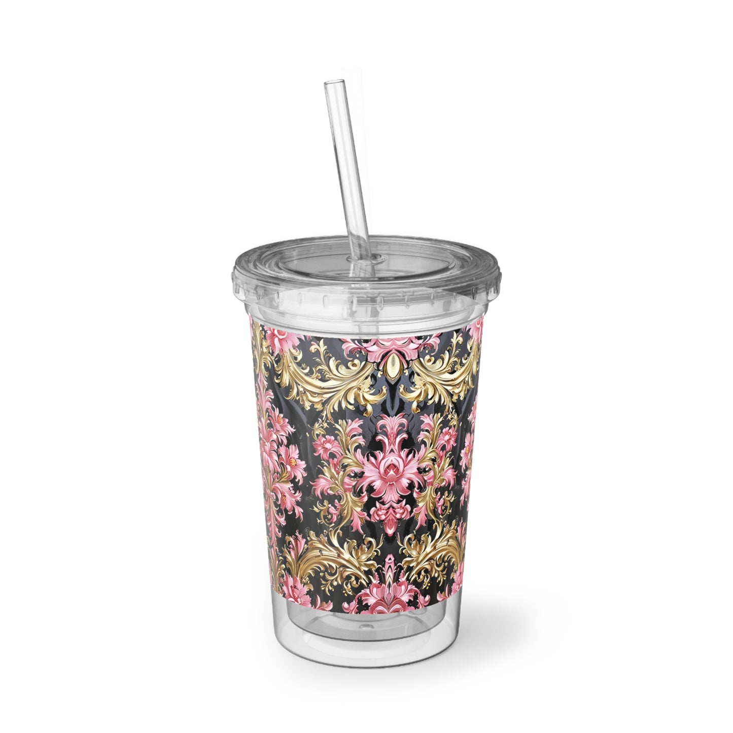 Chic Floral Acrylic Cup, Stylish Drinkware, Floral Tumbler, Gift for Her, Travel Cup, Coffee Cup, Party Favor - Black & Pink Oil Painting Style Rococo