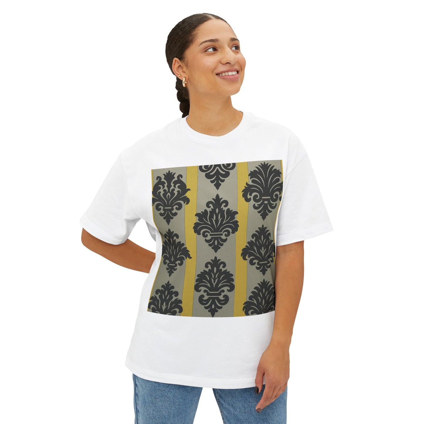 Chic Unisex Oversized Tee, Stylish Casual Wear, Statement Tee, Everyday Comfort, Fashion Gift - Silver & Gold Striped Black Baroque
