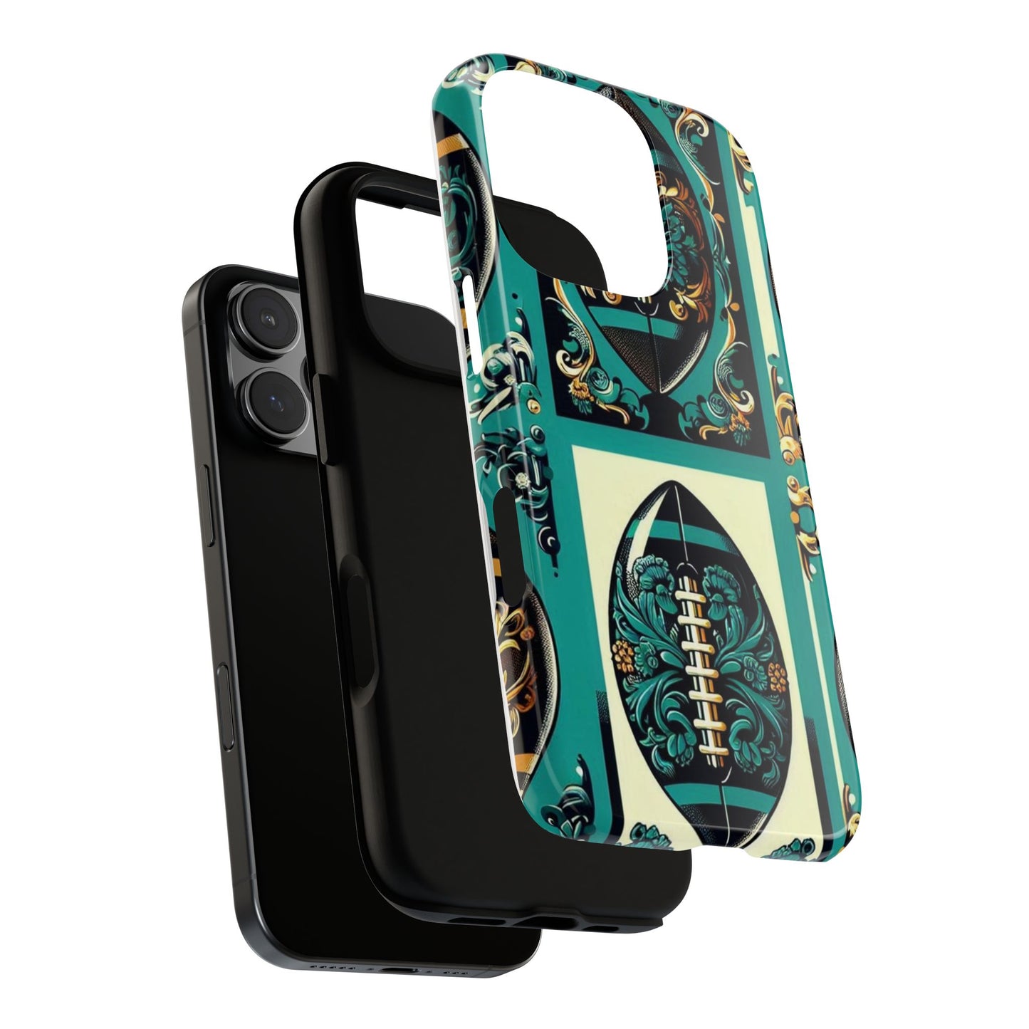 Elegant Floral Motif Phone Case - Tough Cases with Vintage Design -  Damask Teal, Gold & Black Footballs