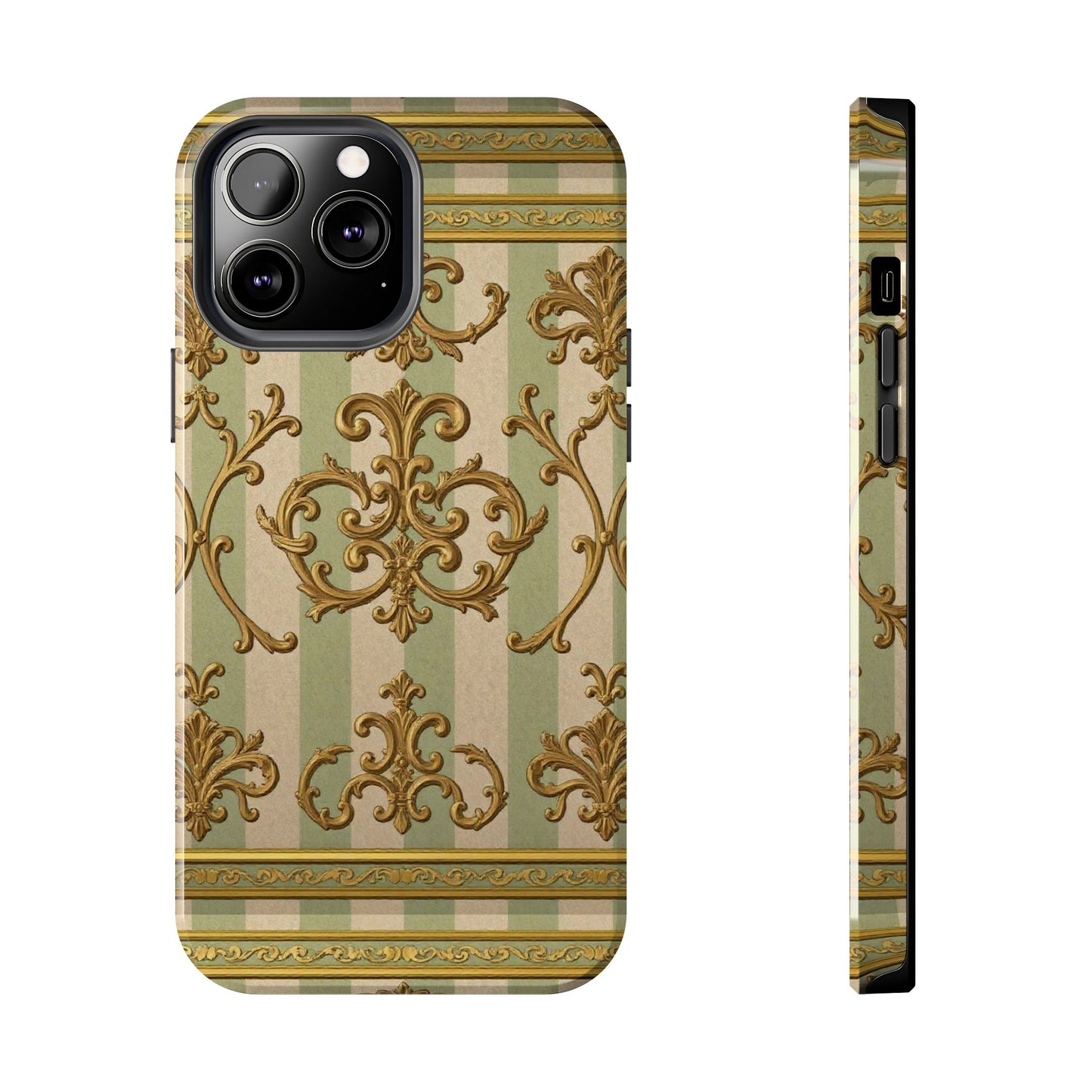 Vintage Elegance Phone Case, Tough Phone Cases for Style, Gift for Birthdays, Stylish Protection - Mint Green & Beige Striped Gold Baroque