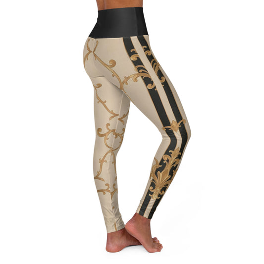 Elegant High Waisted Yoga Leggings, Floral Fitness Leggings, Workout Apparel, Exercise Pants - Black & Beige Striped Damask