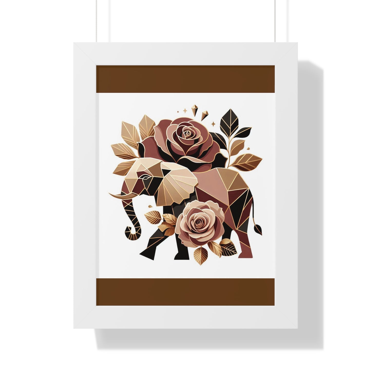 Vertical Poster - Brown & Gold Elephant & Roses Wall Art